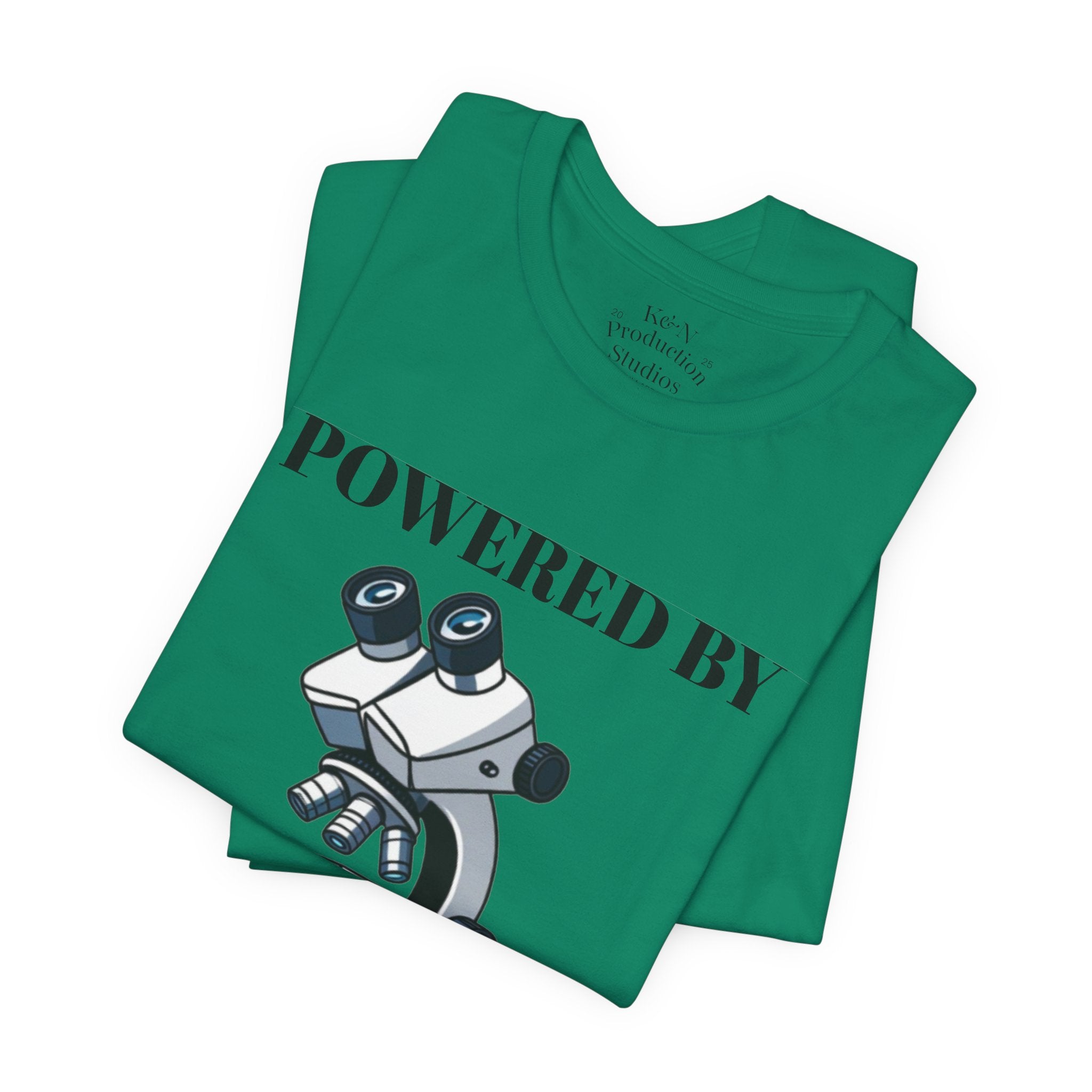 “Powered by Caffeine & Chaos” Funny Lab Tech T-Shirt – Cartoon Microscope & Coffee Cup