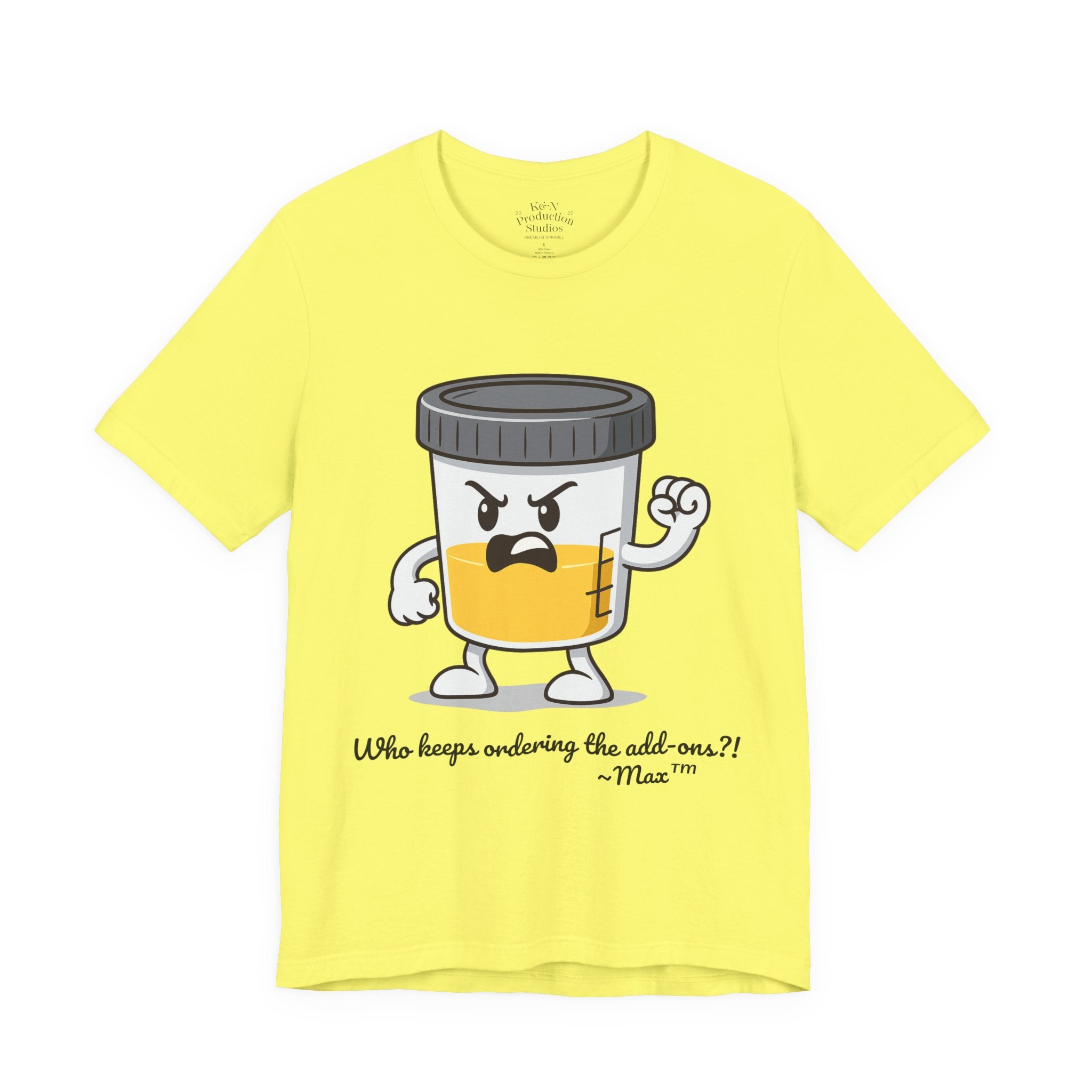 Max™ “Who Keeps Ordering the Add-ons?!” T-Shirt – Customizable Lab Legends™ Character Tee by K&N Production Studios