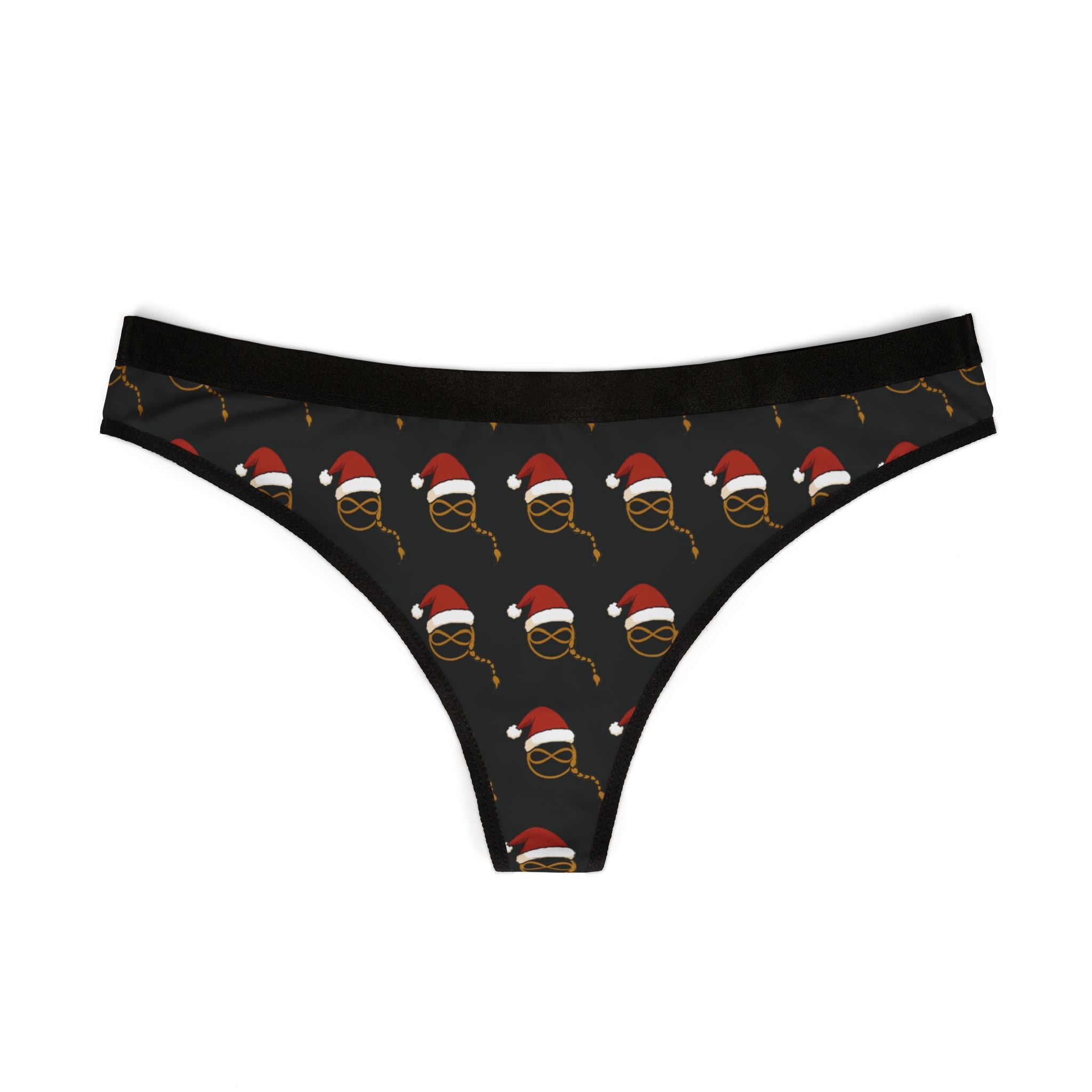 Joven Fusion™ Holiday Thong – Women’s Black Panty with Santa Emblem Print