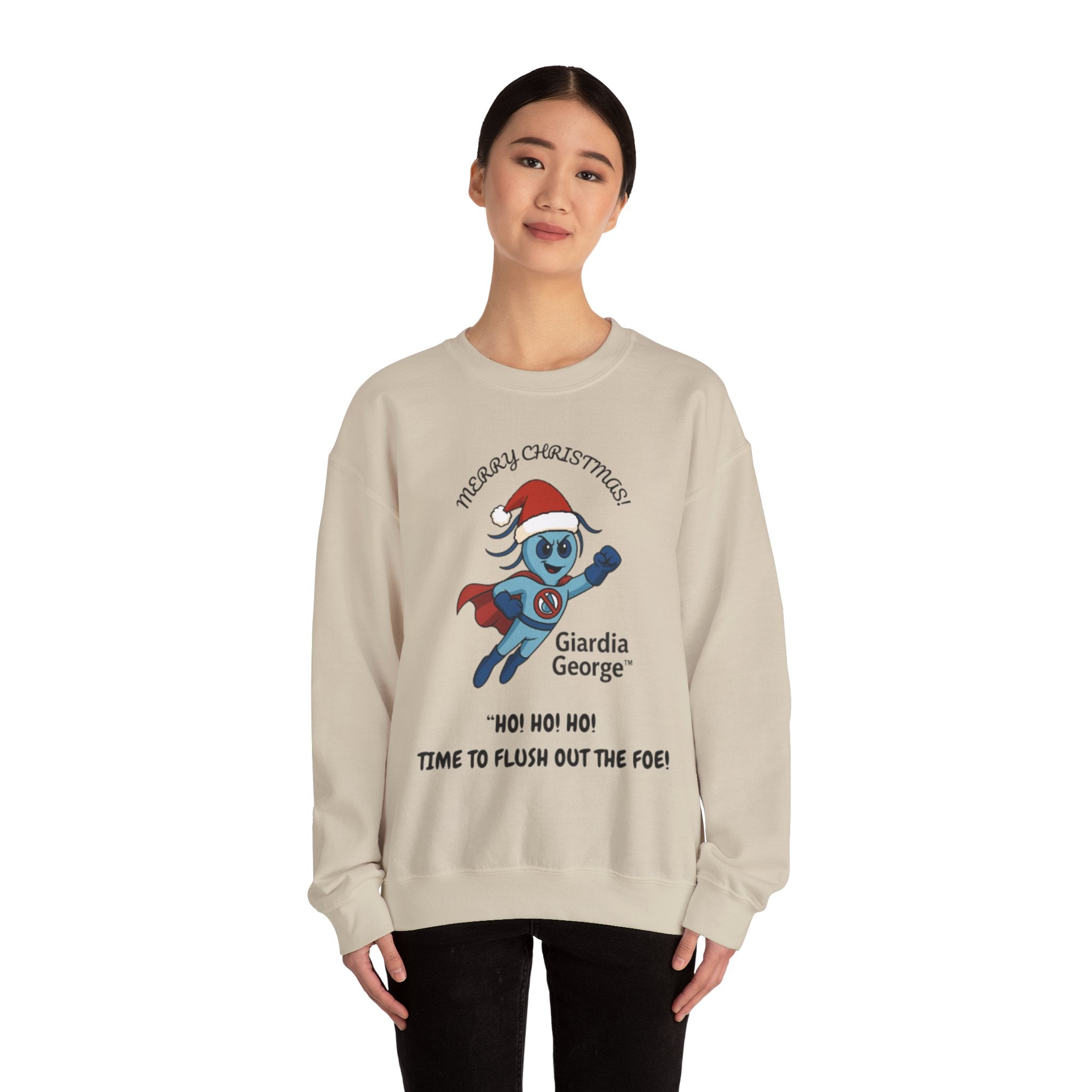 Giardia George Christmas Sweatshirt — ‘Ho! Ho! Ho! Time to Flush Out the Foe!’ Holiday Crewneck