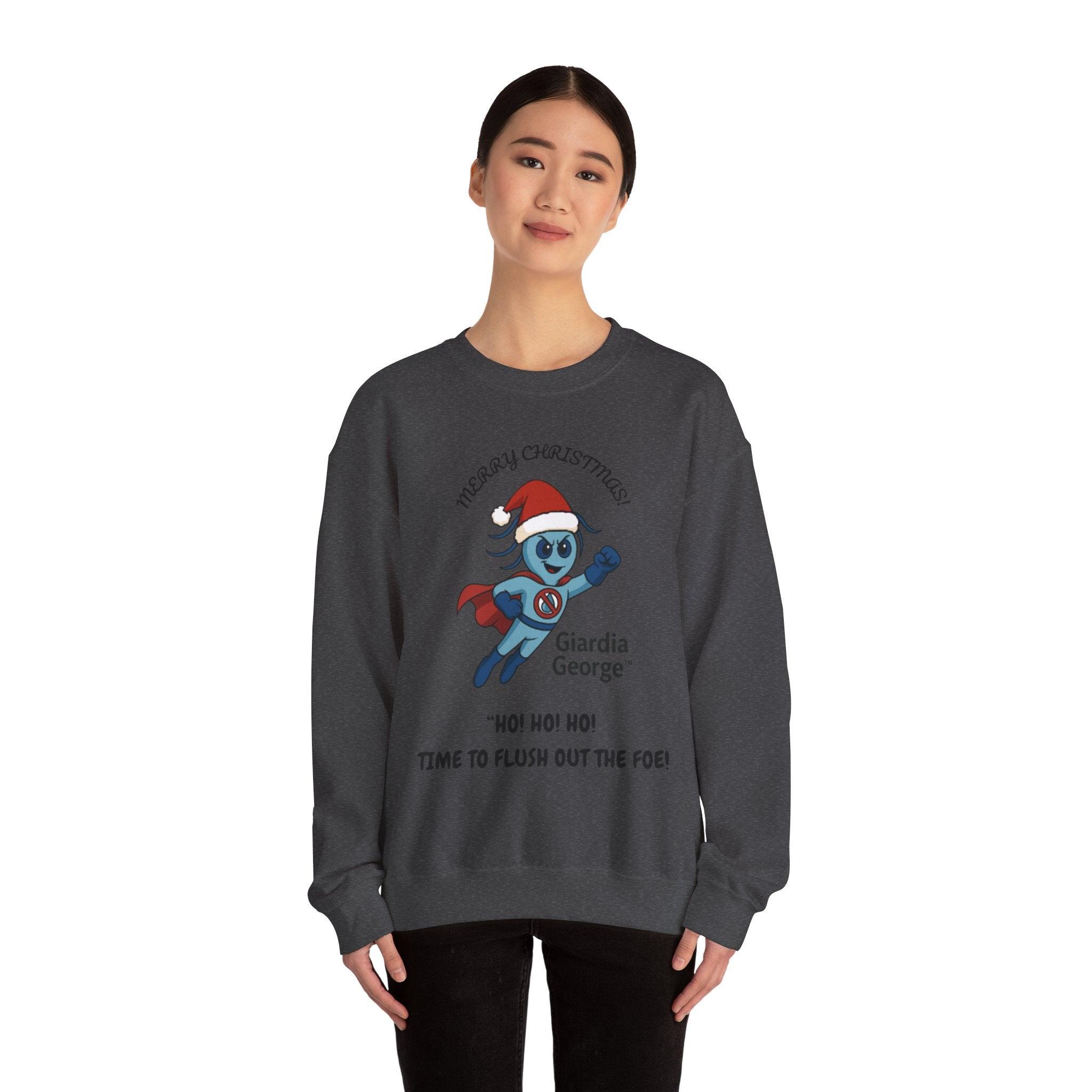 Giardia George Christmas Sweatshirt — ‘Ho! Ho! Ho! Time to Flush Out the Foe!’ Holiday Crewneck