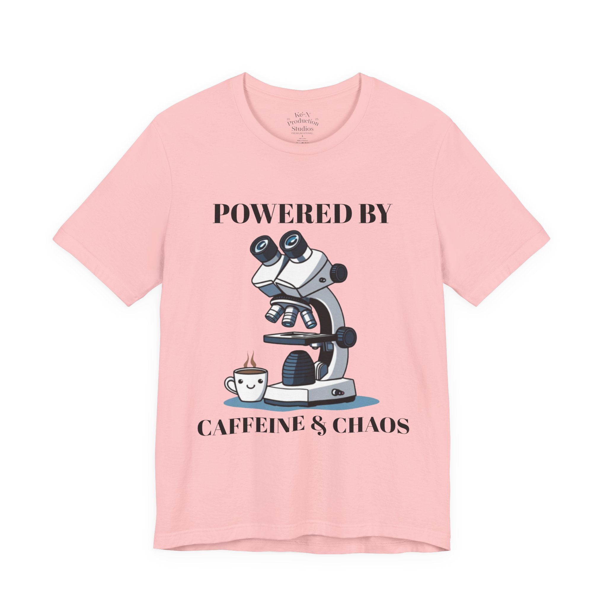 “Powered by Caffeine & Chaos” Funny Lab Tech T-Shirt – Cartoon Microscope & Coffee Cup