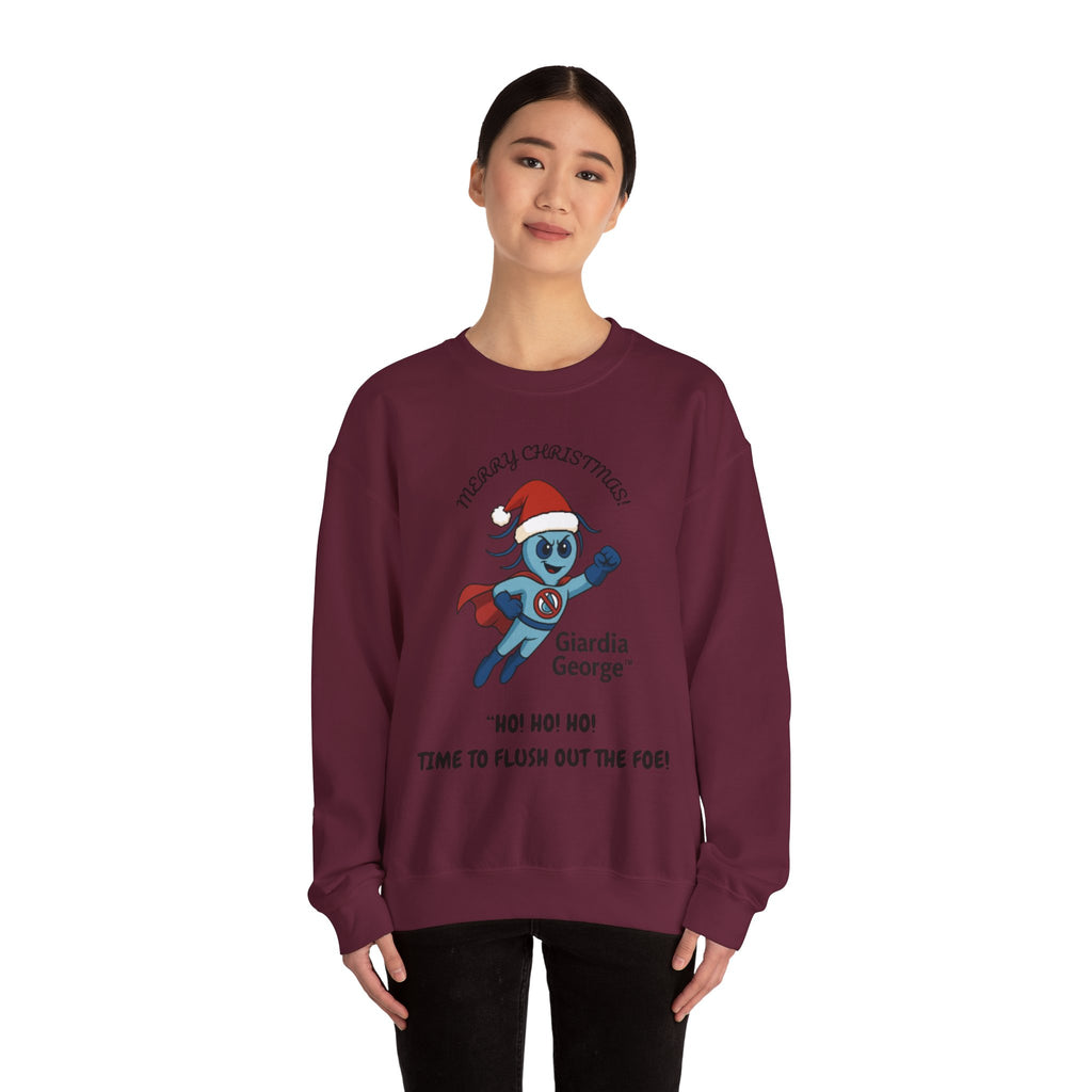 Giardia George Christmas Sweatshirt — ‘Ho! Ho! Ho! Time to Flush Out the Foe!’ Holiday Crewneck