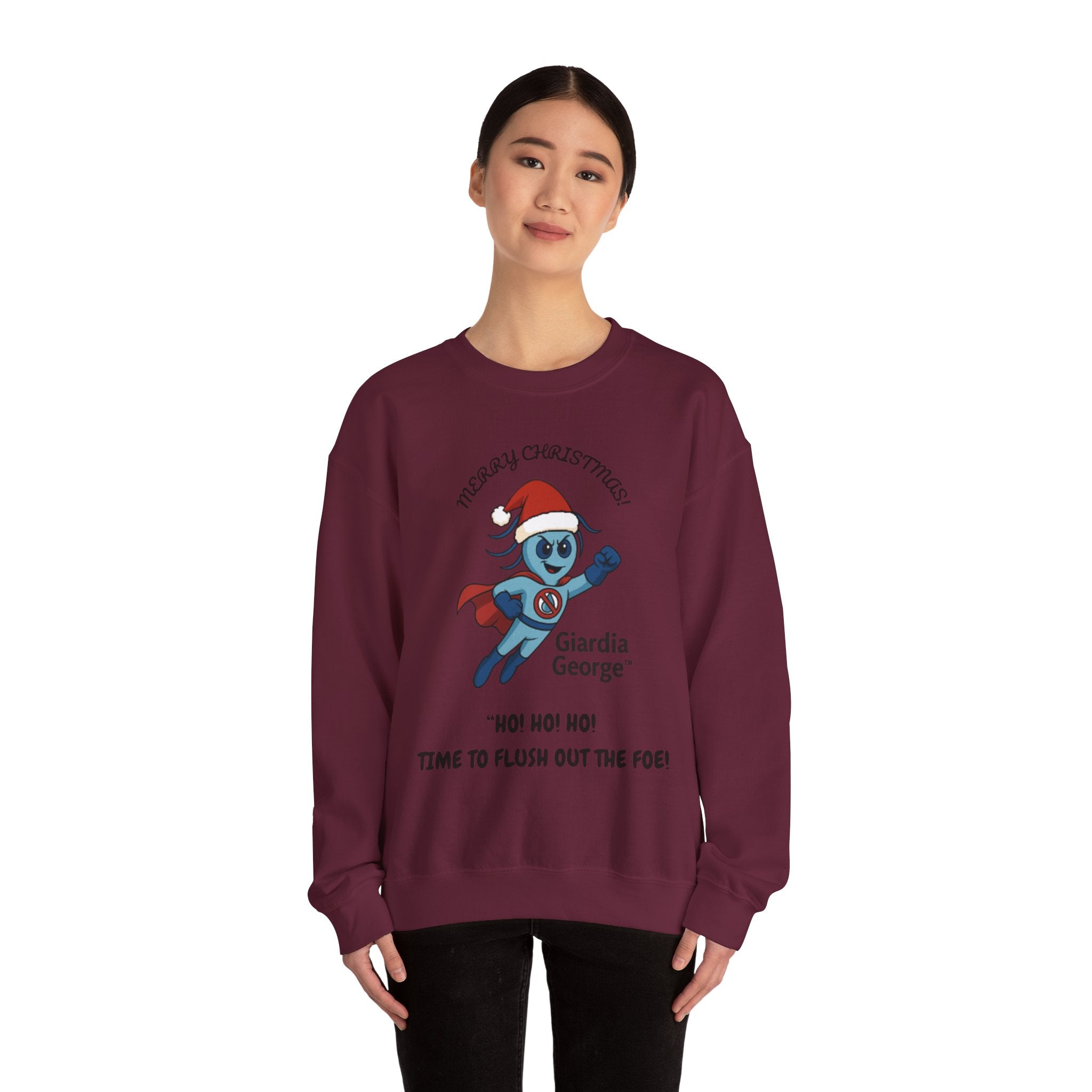 Giardia George Christmas Sweatshirt — ‘Ho! Ho! Ho! Time to Flush Out the Foe!’ Holiday Crewneck