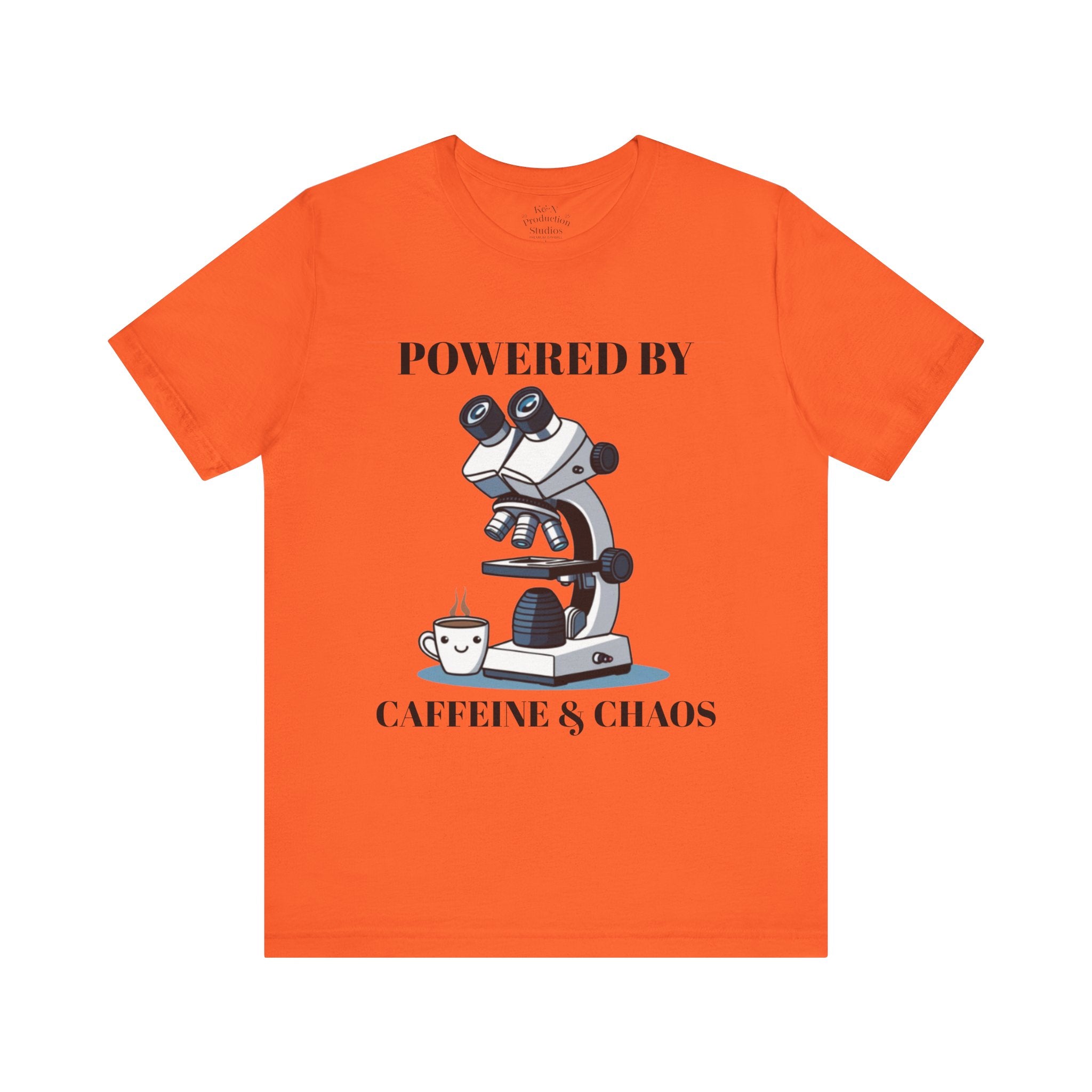 “Powered by Caffeine & Chaos” Funny Lab Tech T-Shirt – Cartoon Microscope & Coffee Cup