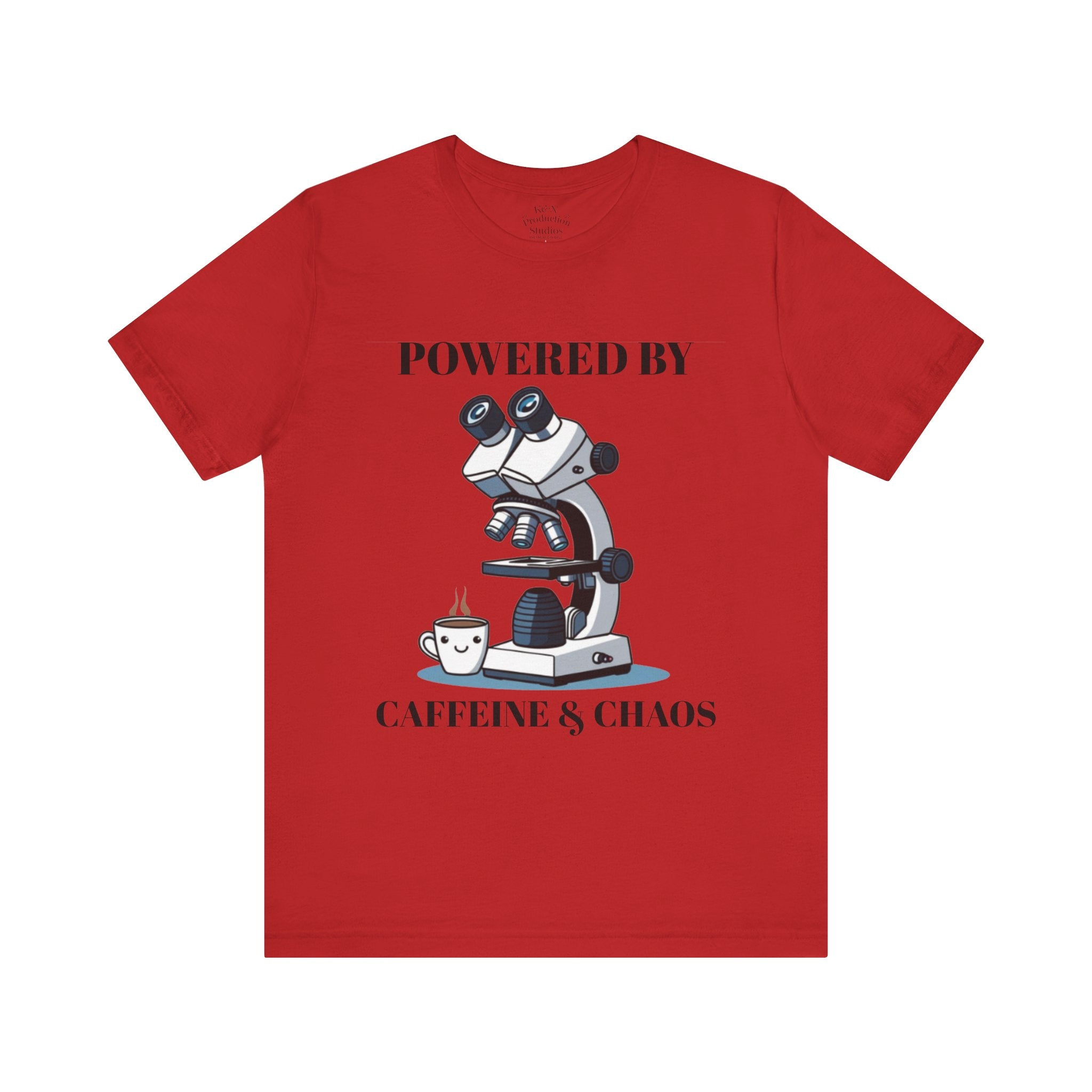 “Powered by Caffeine & Chaos” Funny Lab Tech T-Shirt – Cartoon Microscope & Coffee Cup