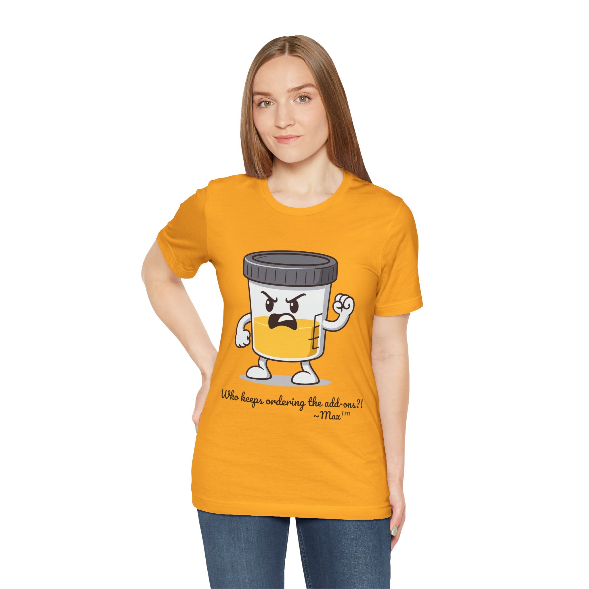 Max™ “Who Keeps Ordering the Add-ons?!” T-Shirt – Customizable Lab Legends™ Character Tee by K&N Production Studios