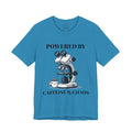 “Powered by Caffeine & Chaos” Funny Lab Tech T-Shirt – Cartoon Microscope & Coffee Cup