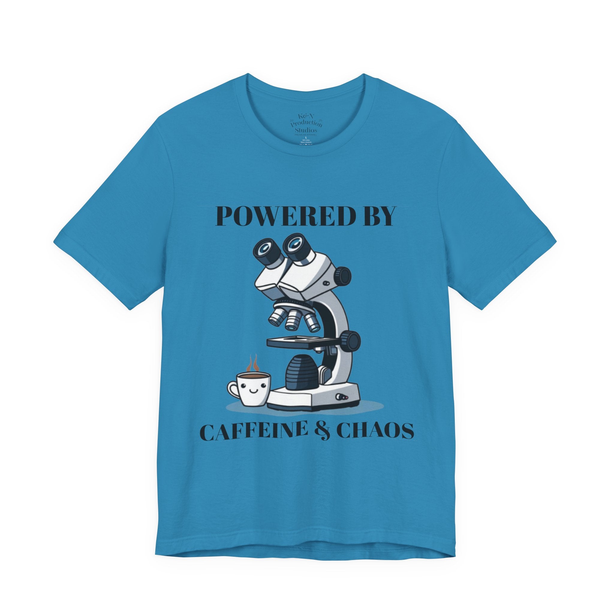 “Powered by Caffeine & Chaos” Funny Lab Tech T-Shirt – Cartoon Microscope & Coffee Cup