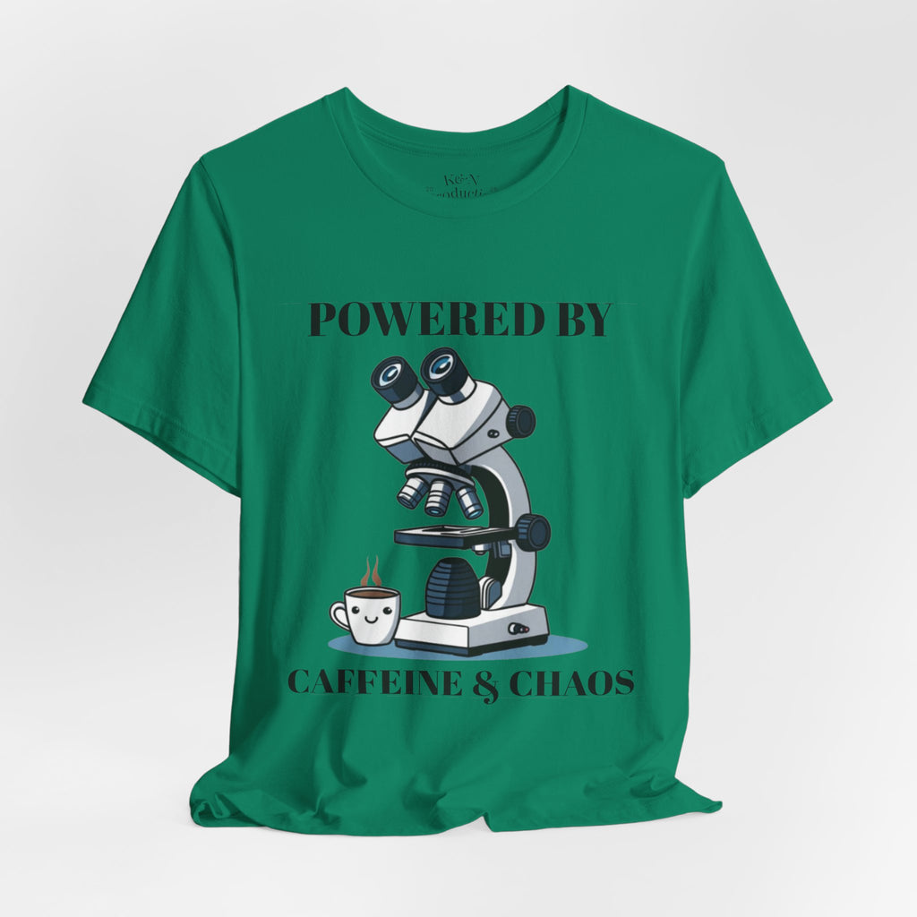 “Powered by Caffeine & Chaos” Funny Lab Tech T-Shirt – Cartoon Microscope & Coffee Cup