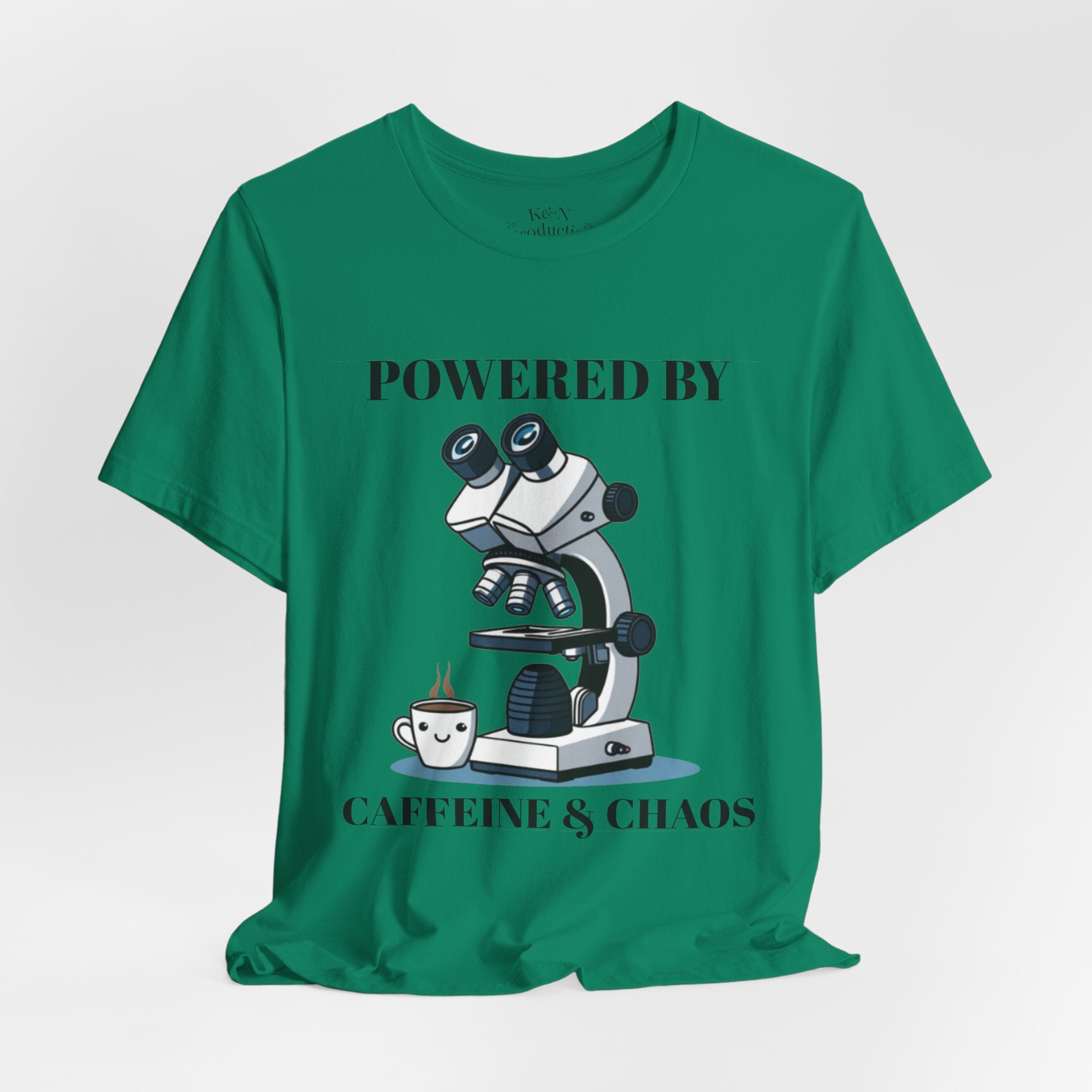 “Powered by Caffeine & Chaos” Funny Lab Tech T-Shirt – Cartoon Microscope & Coffee Cup