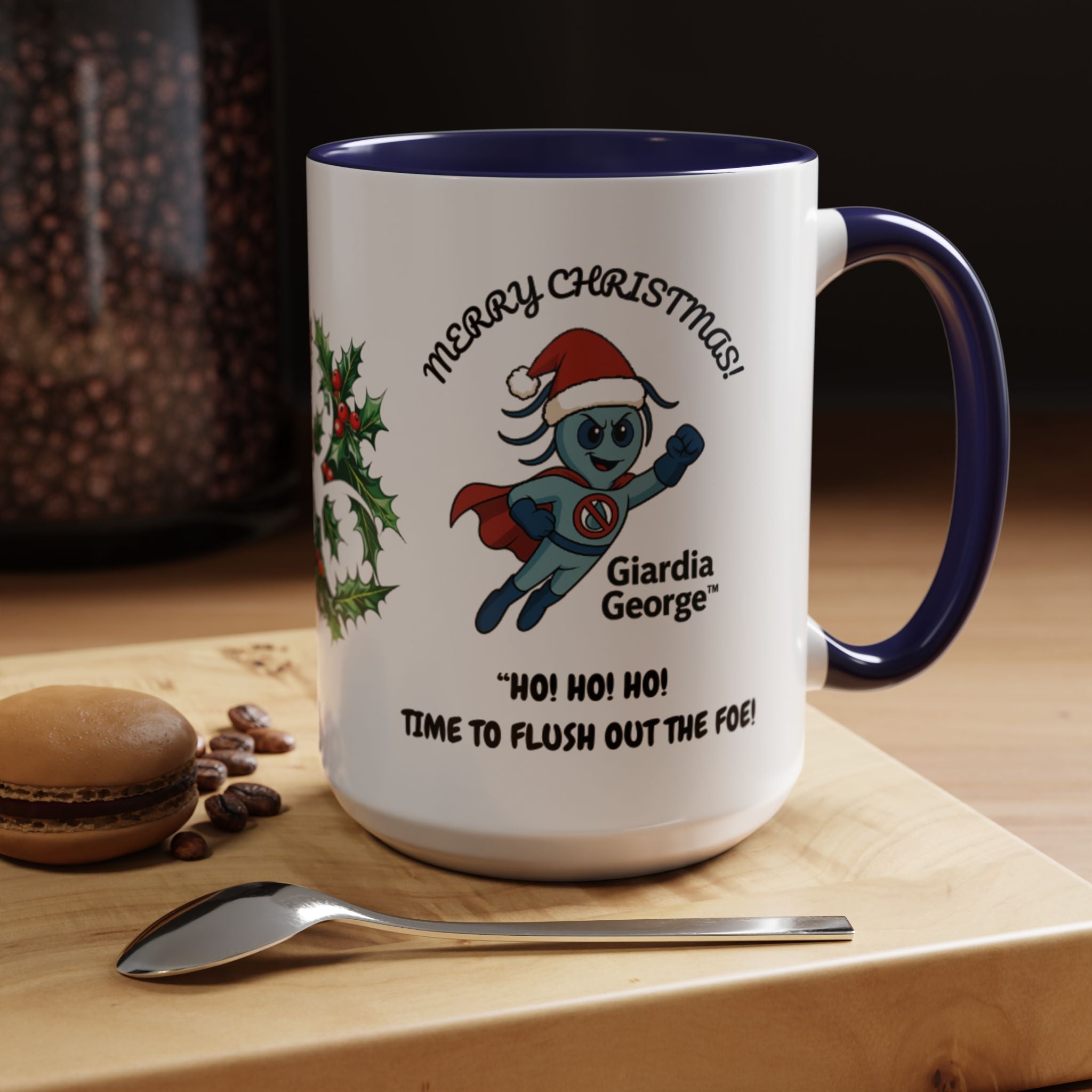 Giardia George™ Holiday Mug – Funny Science Christmas Gift with Microscope & Holly Biohazard