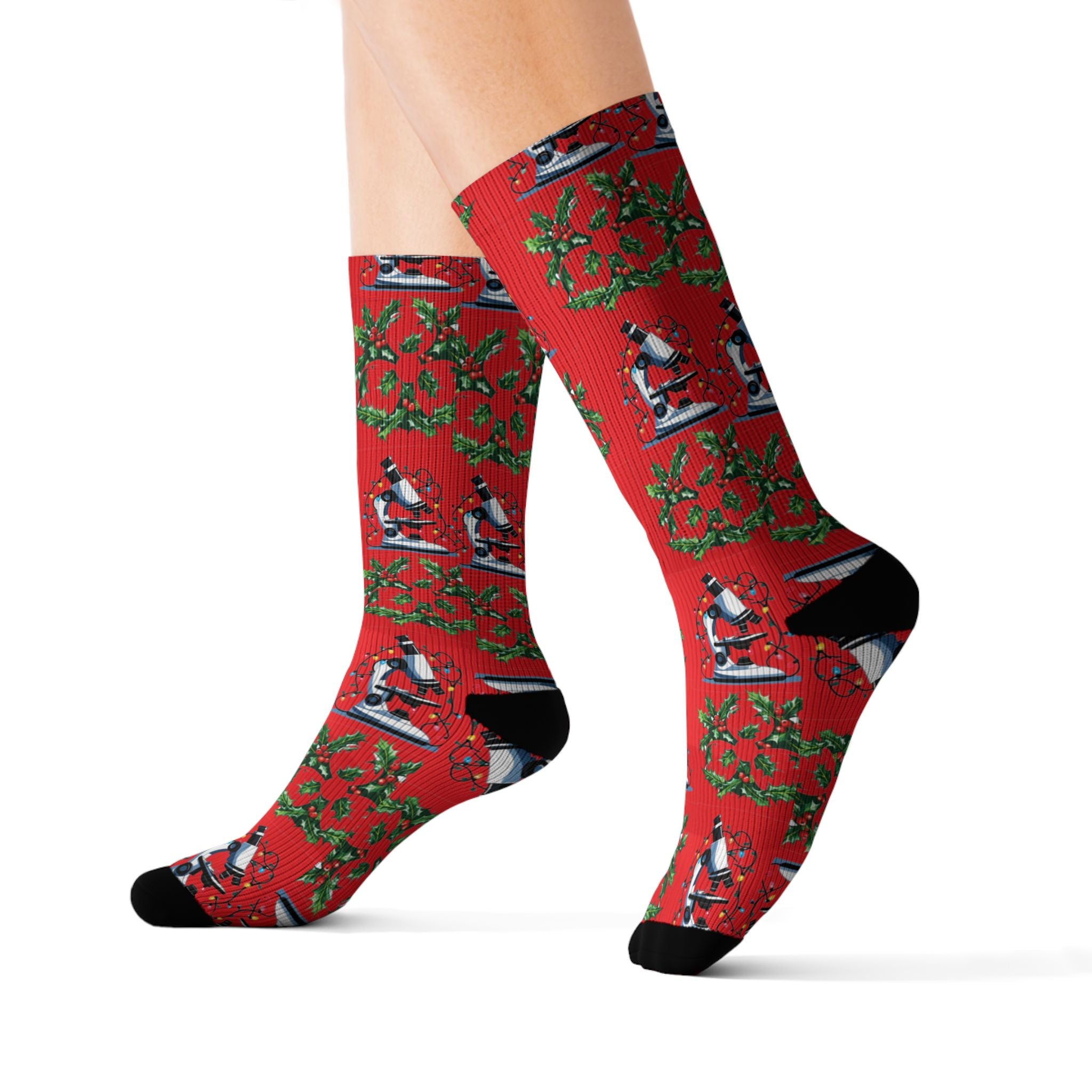 Microscope & Holly Biohazard Christmas Socks – Festive Science-Inspired Crew