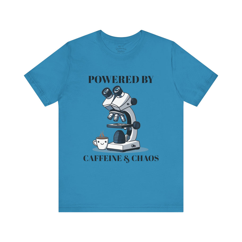 “Powered by Caffeine & Chaos” Funny Lab Tech T-Shirt – Cartoon Microscope & Coffee Cup