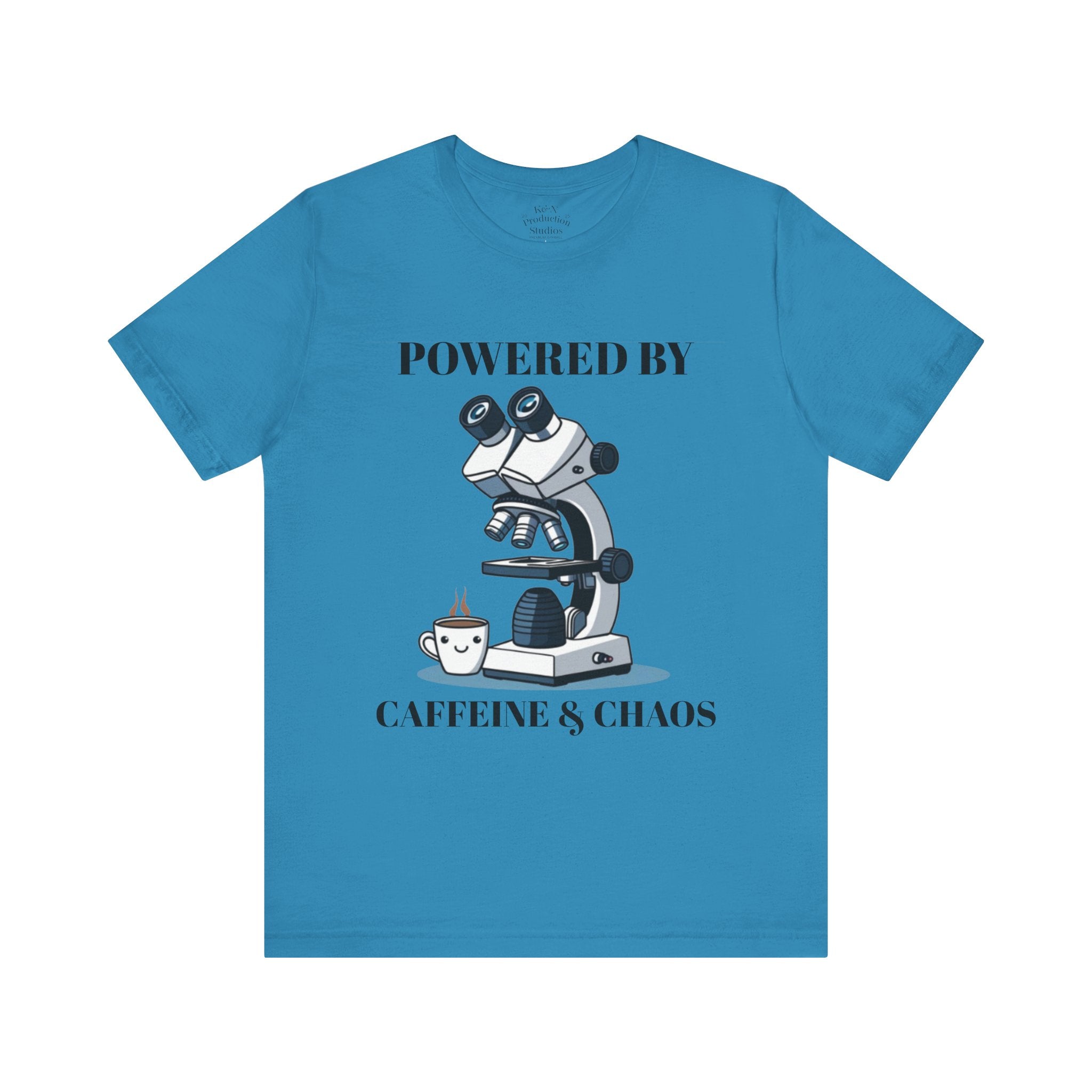 “Powered by Caffeine & Chaos” Funny Lab Tech T-Shirt – Cartoon Microscope & Coffee Cup