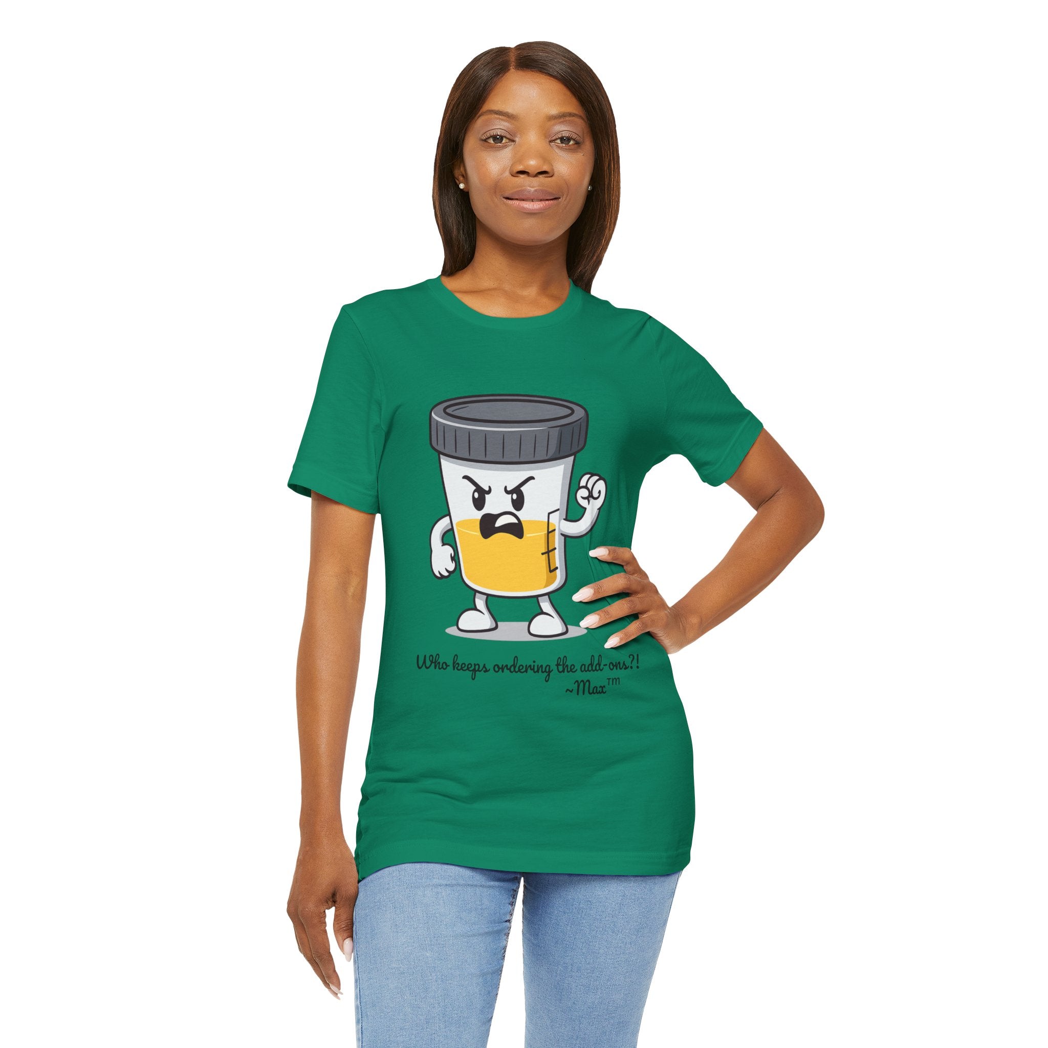Max™ “Who Keeps Ordering the Add-ons?!” T-Shirt – Customizable Lab Legends™ Character Tee by K&N Production Studios