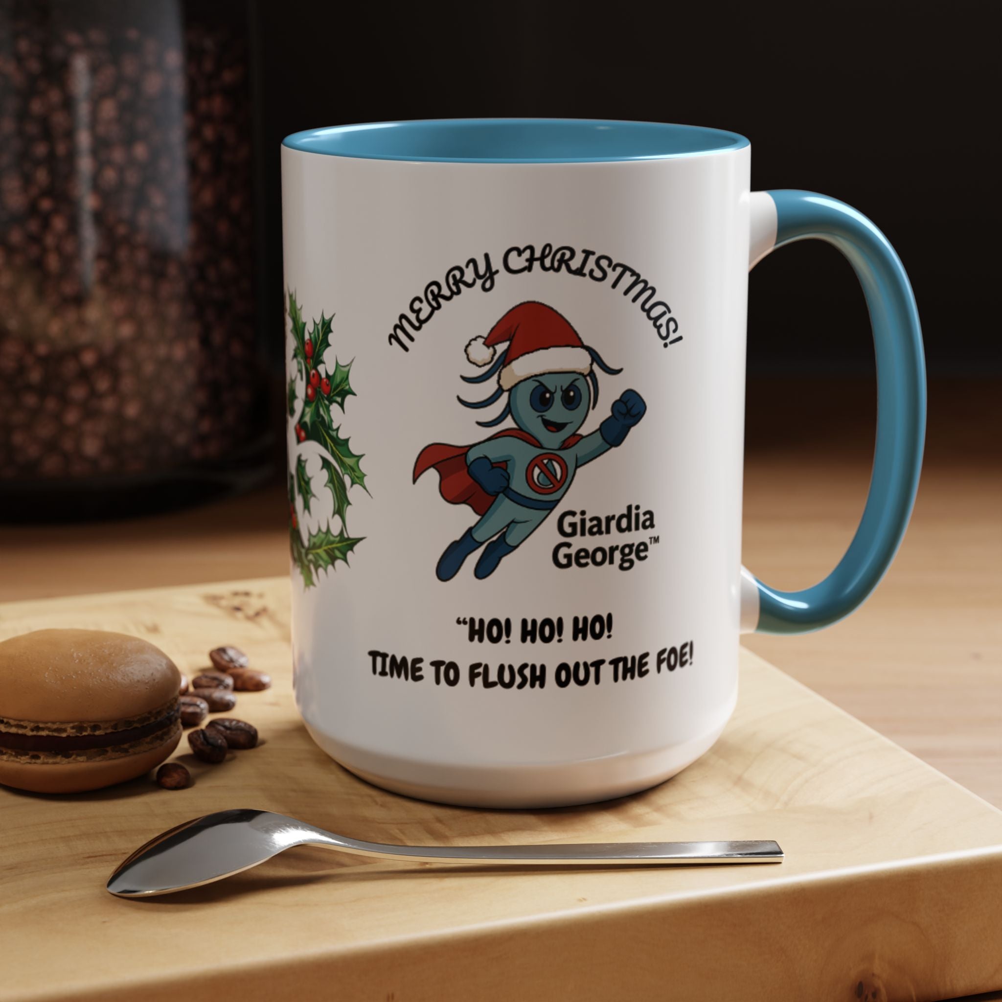 Giardia George™ Holiday Mug – Funny Science Christmas Gift with Microscope & Holly Biohazard