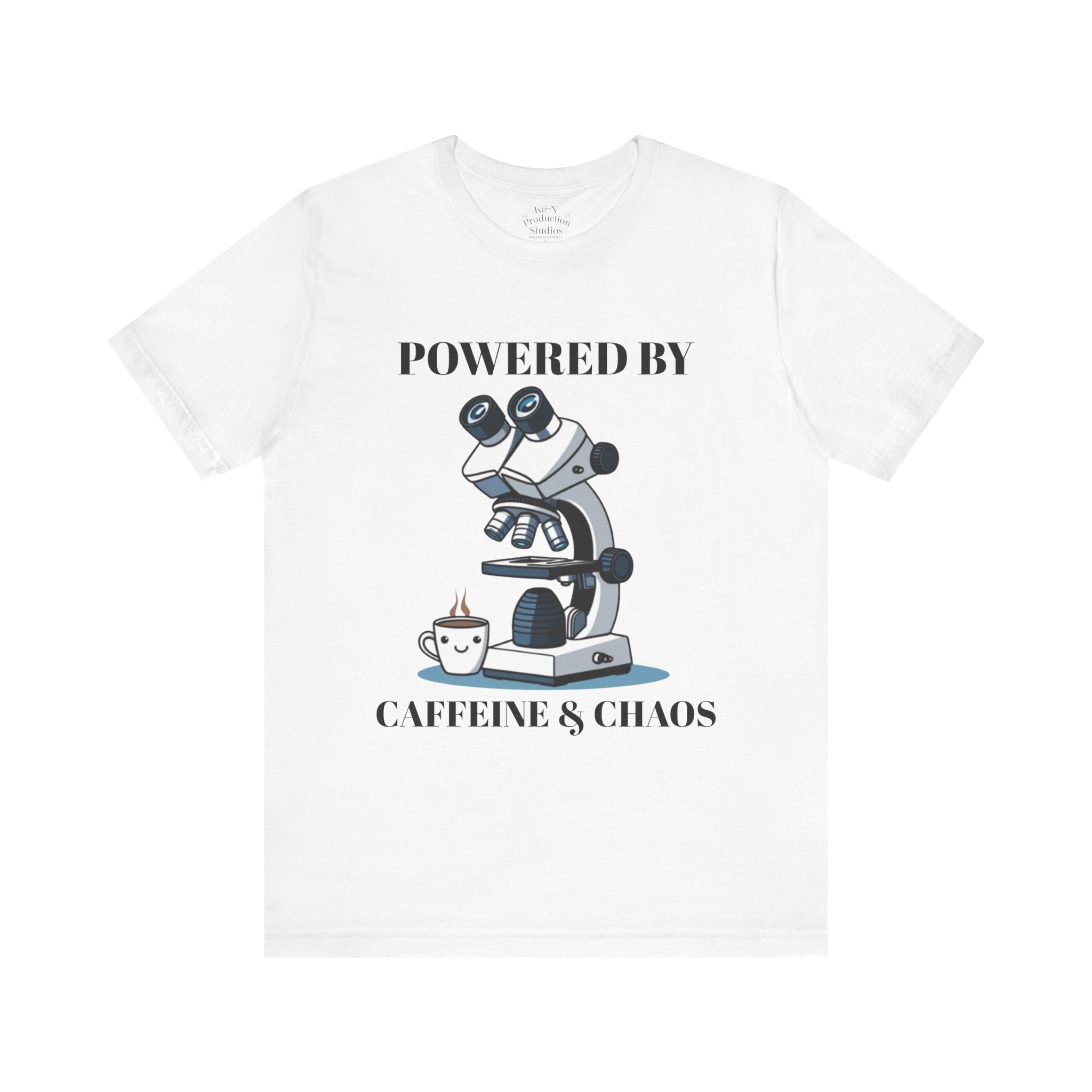 “Powered by Caffeine & Chaos” Funny Lab Tech T-Shirt – Cartoon Microscope & Coffee Cup