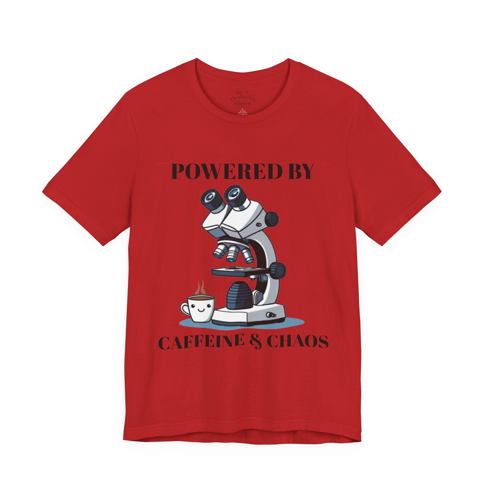 “Powered by Caffeine & Chaos” Funny Lab Tech T-Shirt – Cartoon Microscope & Coffee Cup