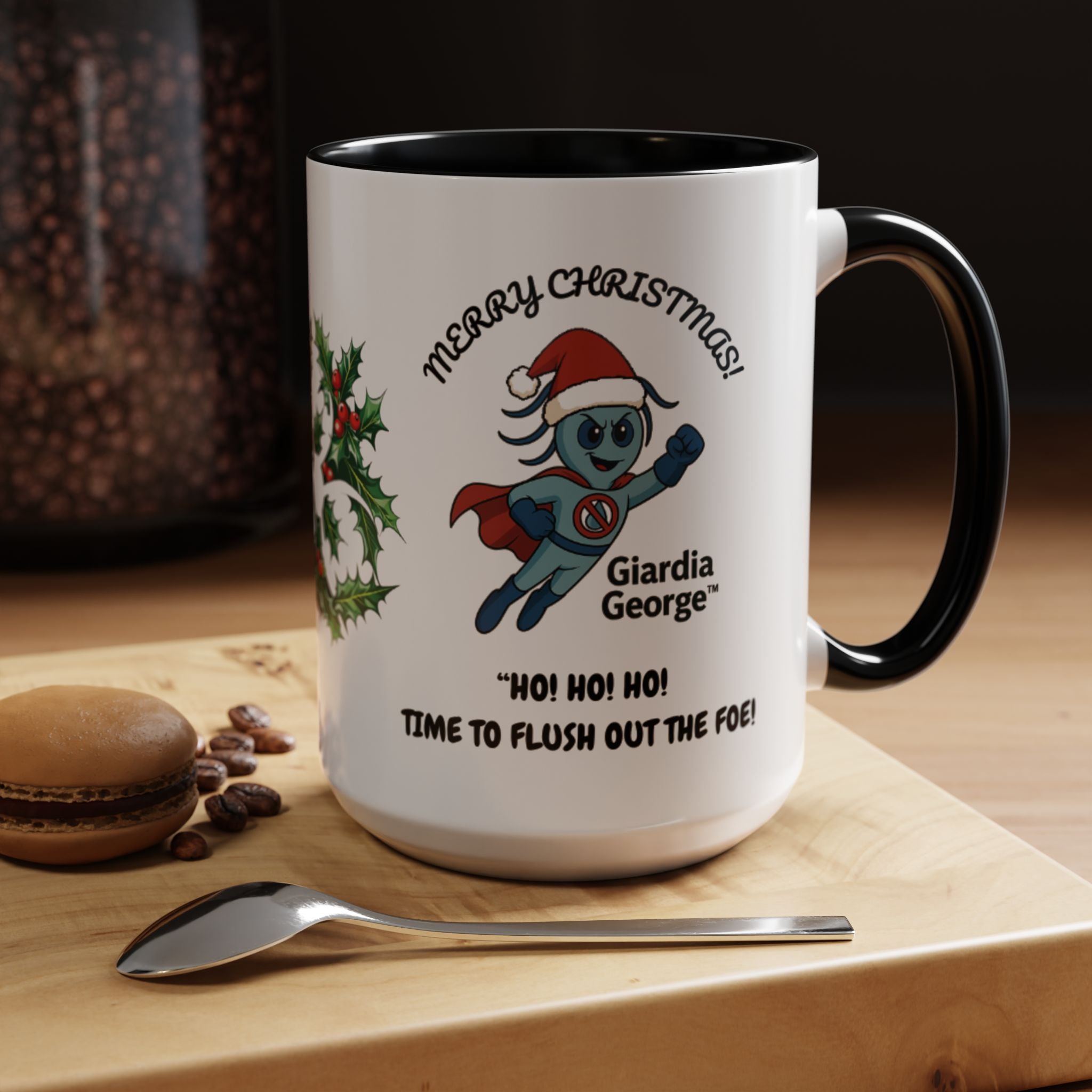 Giardia George™ Holiday Mug – Funny Science Christmas Gift with Microscope & Holly Biohazard