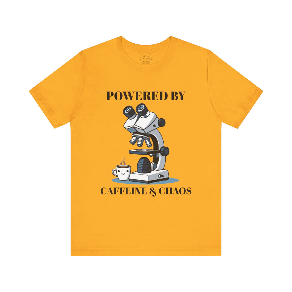 “Powered by Caffeine & Chaos” Funny Lab Tech T-Shirt – Cartoon Microscope & Coffee Cup