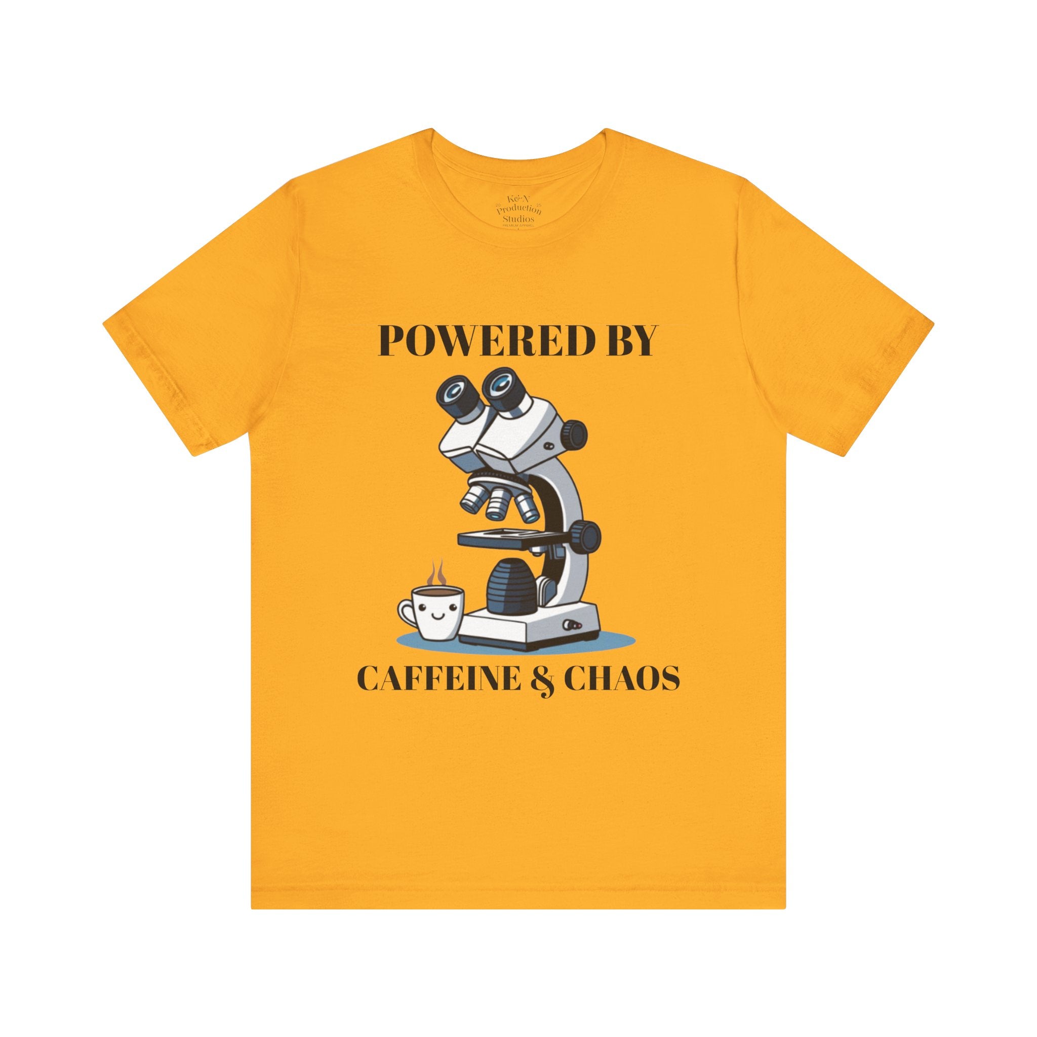 “Powered by Caffeine & Chaos” Funny Lab Tech T-Shirt – Cartoon Microscope & Coffee Cup