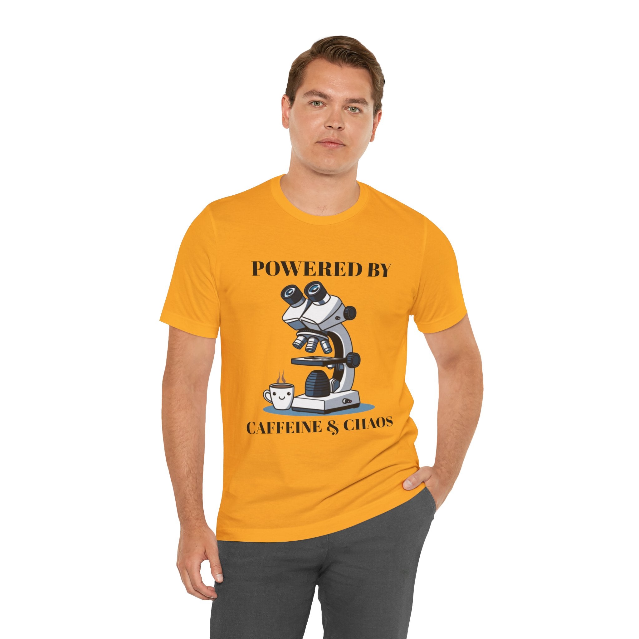 “Powered by Caffeine & Chaos” Funny Lab Tech T-Shirt – Cartoon Microscope & Coffee Cup