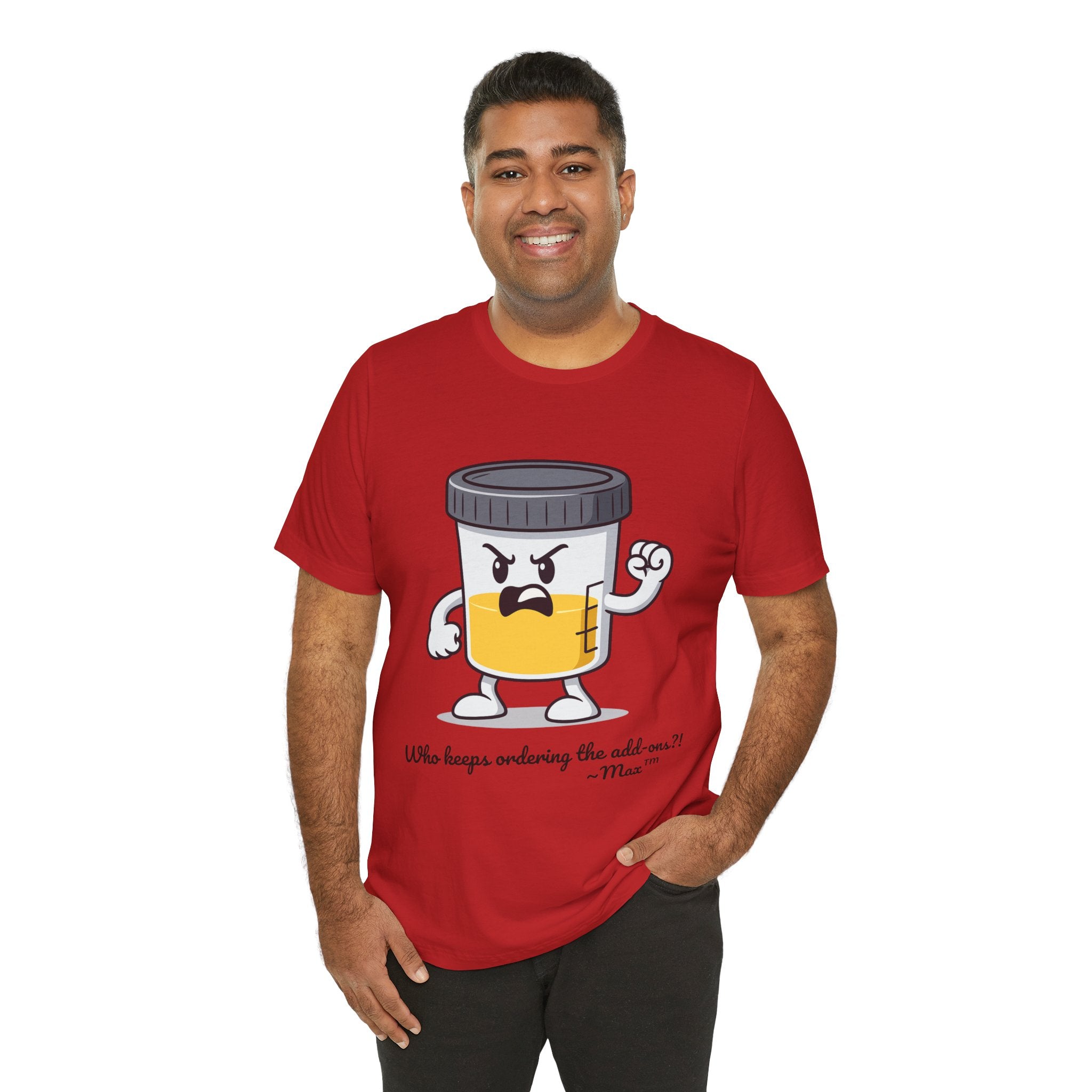 Max™ “Who Keeps Ordering the Add-ons?!” T-Shirt – Customizable Lab Legends™ Character Tee by K&N Production Studios