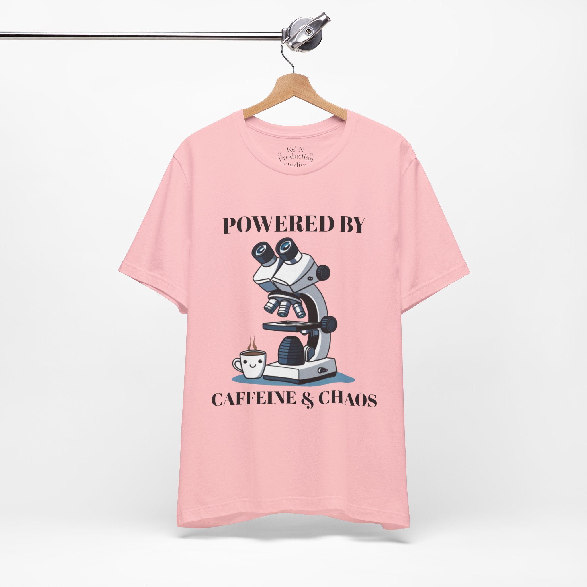 “Powered by Caffeine & Chaos” Funny Lab Tech T-Shirt – Cartoon Microscope & Coffee Cup