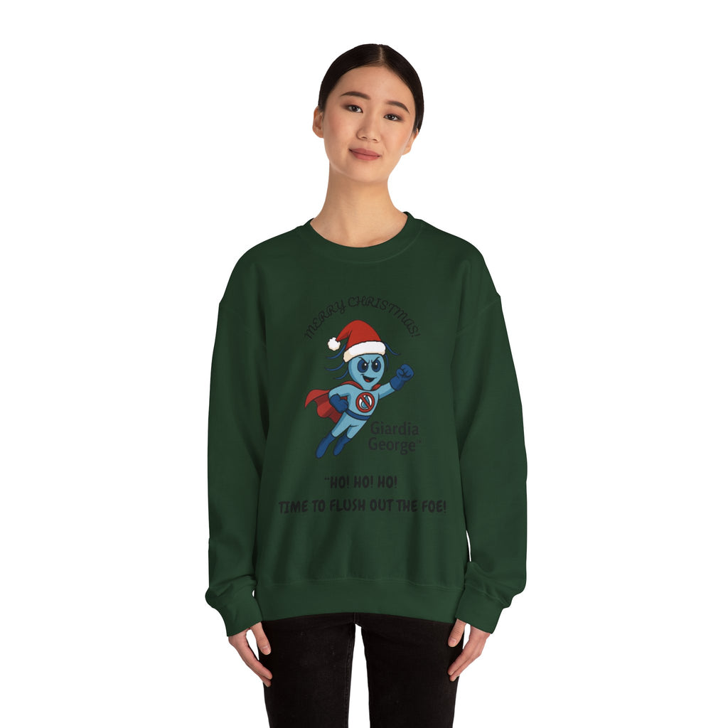 Giardia George Christmas Sweatshirt — ‘Ho! Ho! Ho! Time to Flush Out the Foe!’ Holiday Crewneck