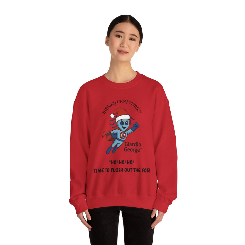 Giardia George Christmas Sweatshirt — ‘Ho! Ho! Ho! Time to Flush Out the Foe!’ Holiday Crewneck