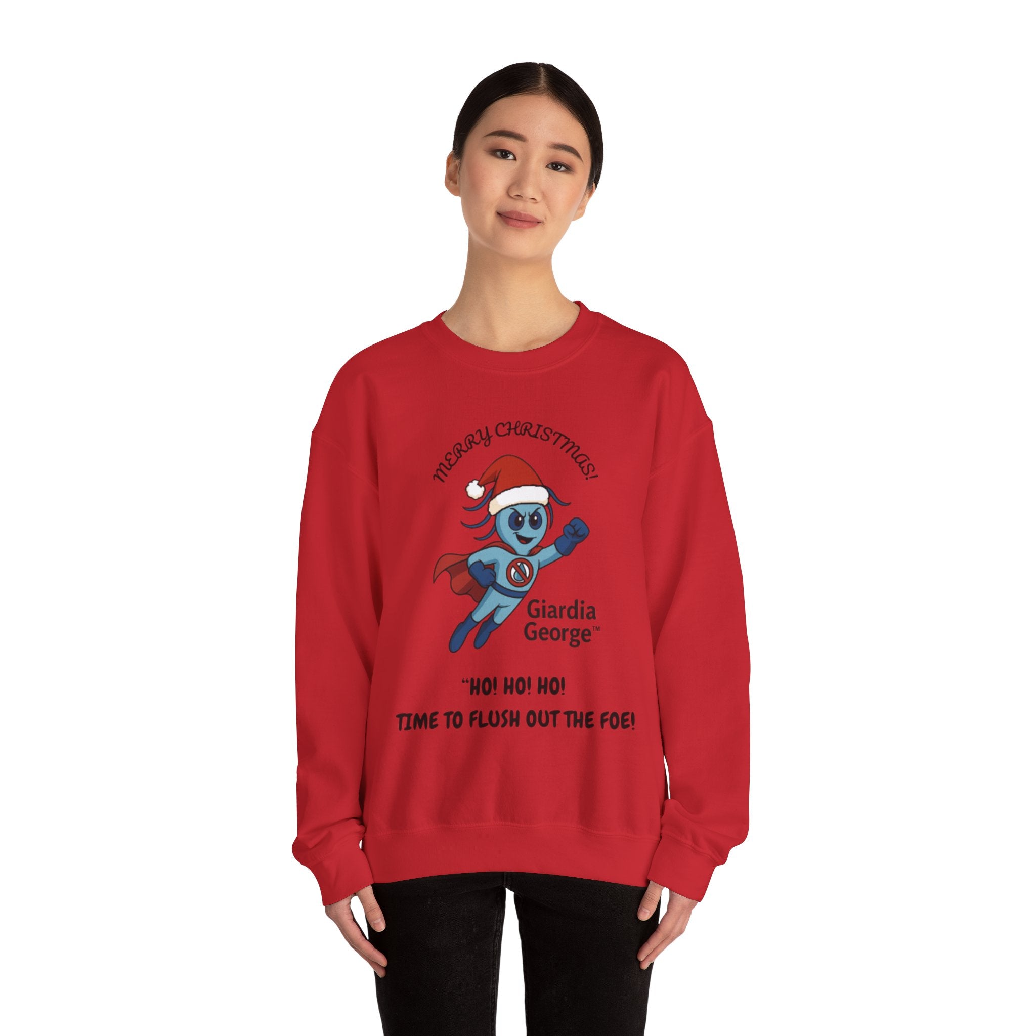 Giardia George Christmas Sweatshirt — ‘Ho! Ho! Ho! Time to Flush Out the Foe!’ Holiday Crewneck
