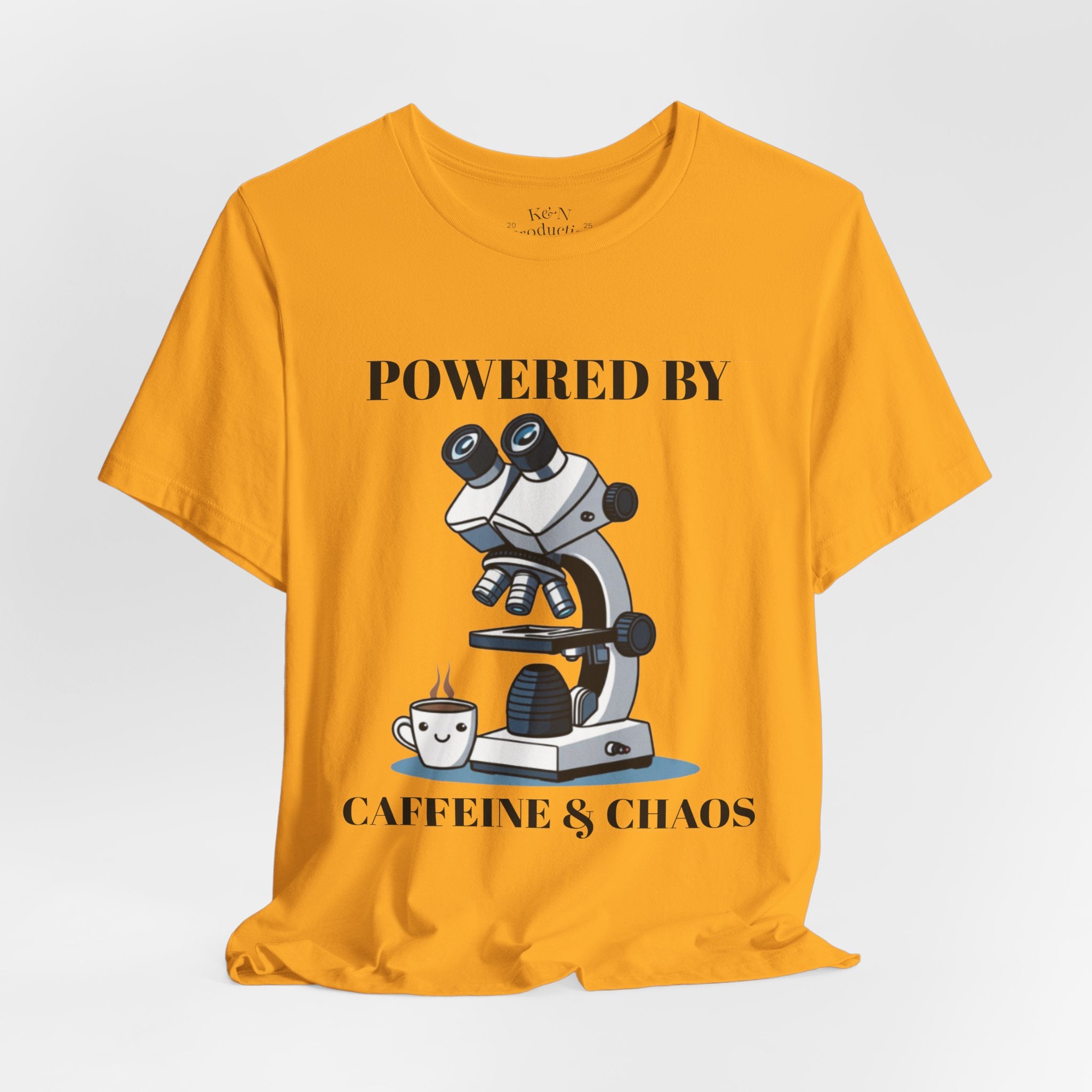 “Powered by Caffeine & Chaos” Funny Lab Tech T-Shirt – Cartoon Microscope & Coffee Cup