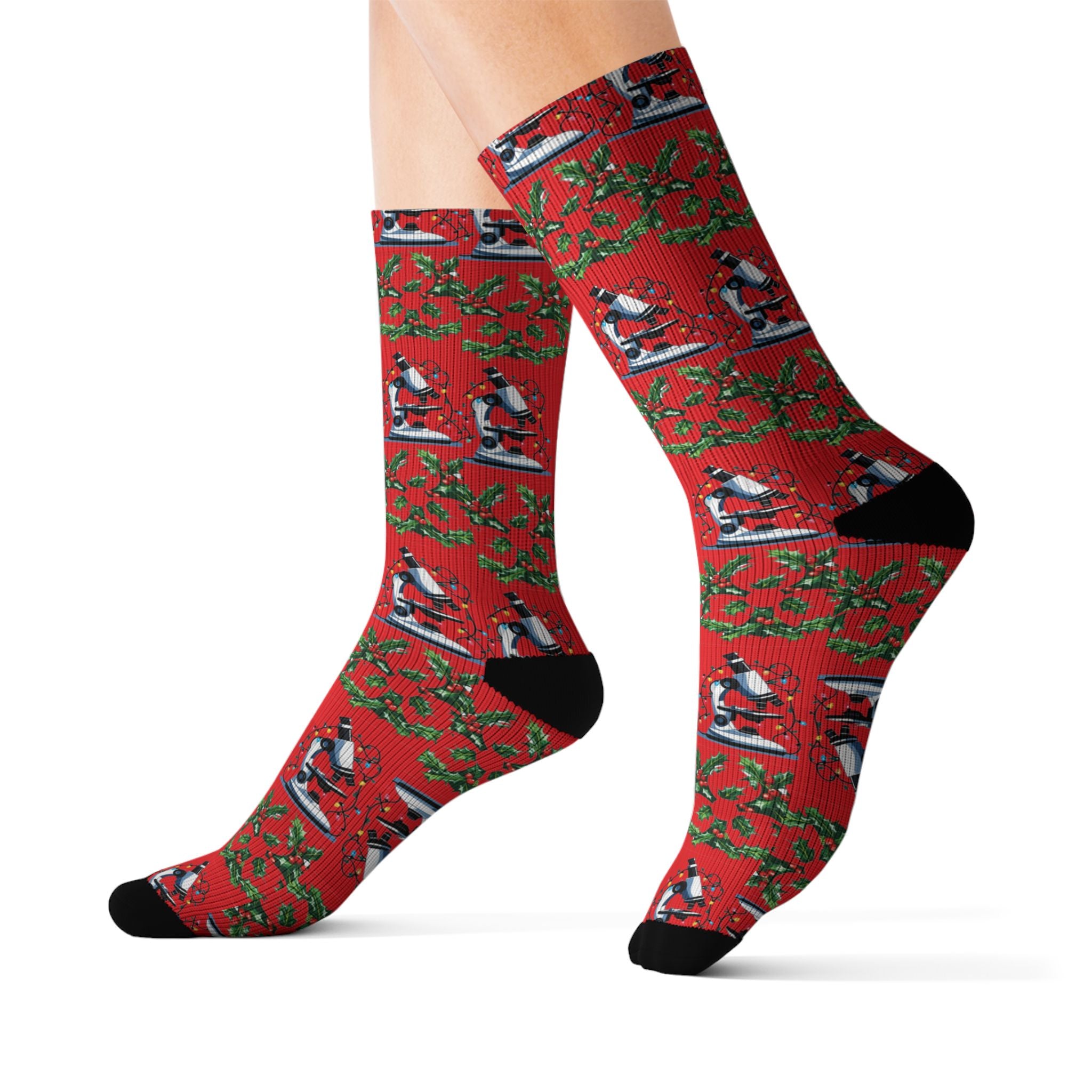 Microscope & Holly Biohazard Christmas Socks – Festive Science-Inspired Crew