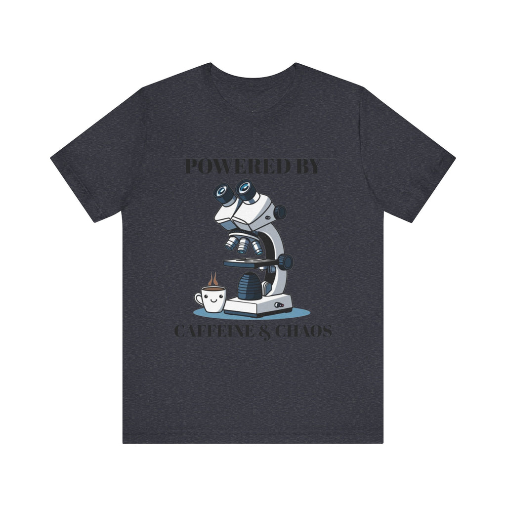 “Powered by Caffeine & Chaos” Funny Lab Tech T-Shirt – Cartoon Microscope & Coffee Cup