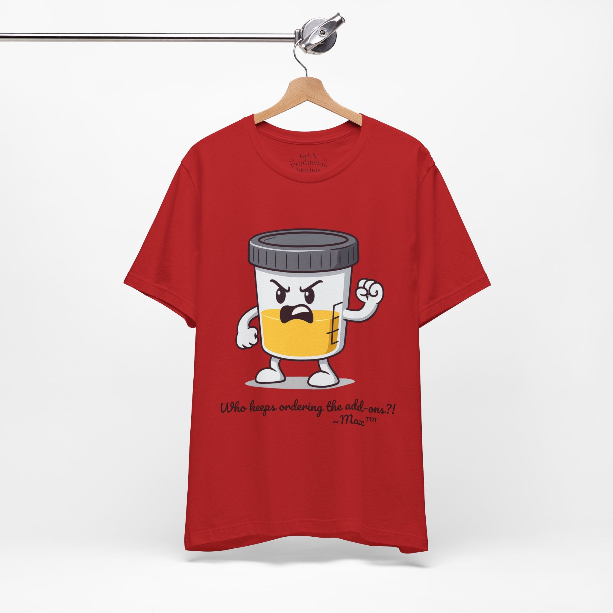 Max™ “Who Keeps Ordering the Add-ons?!” T-Shirt – Customizable Lab Legends™ Character Tee by K&N Production Studios
