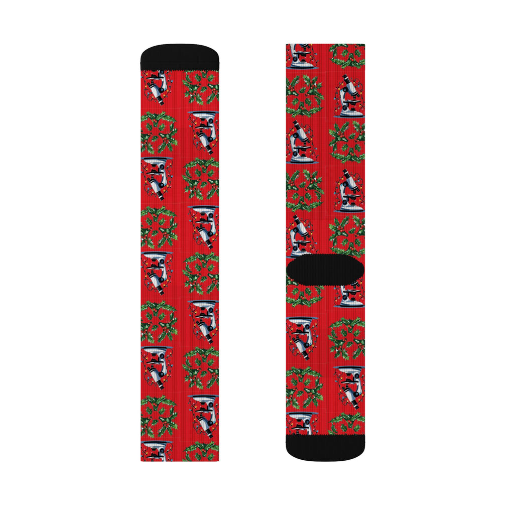 Microscope & Holly Biohazard Christmas Socks – Festive Science-Inspired Crew