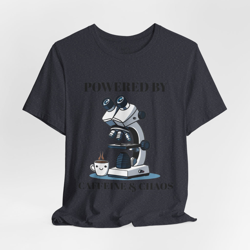 “Powered by Caffeine & Chaos” Funny Lab Tech T-Shirt – Cartoon Microscope & Coffee Cup