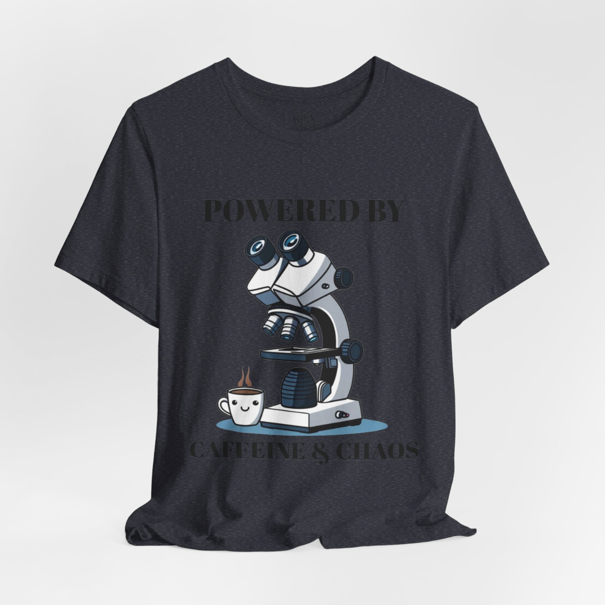 “Powered by Caffeine & Chaos” Funny Lab Tech T-Shirt – Cartoon Microscope & Coffee Cup