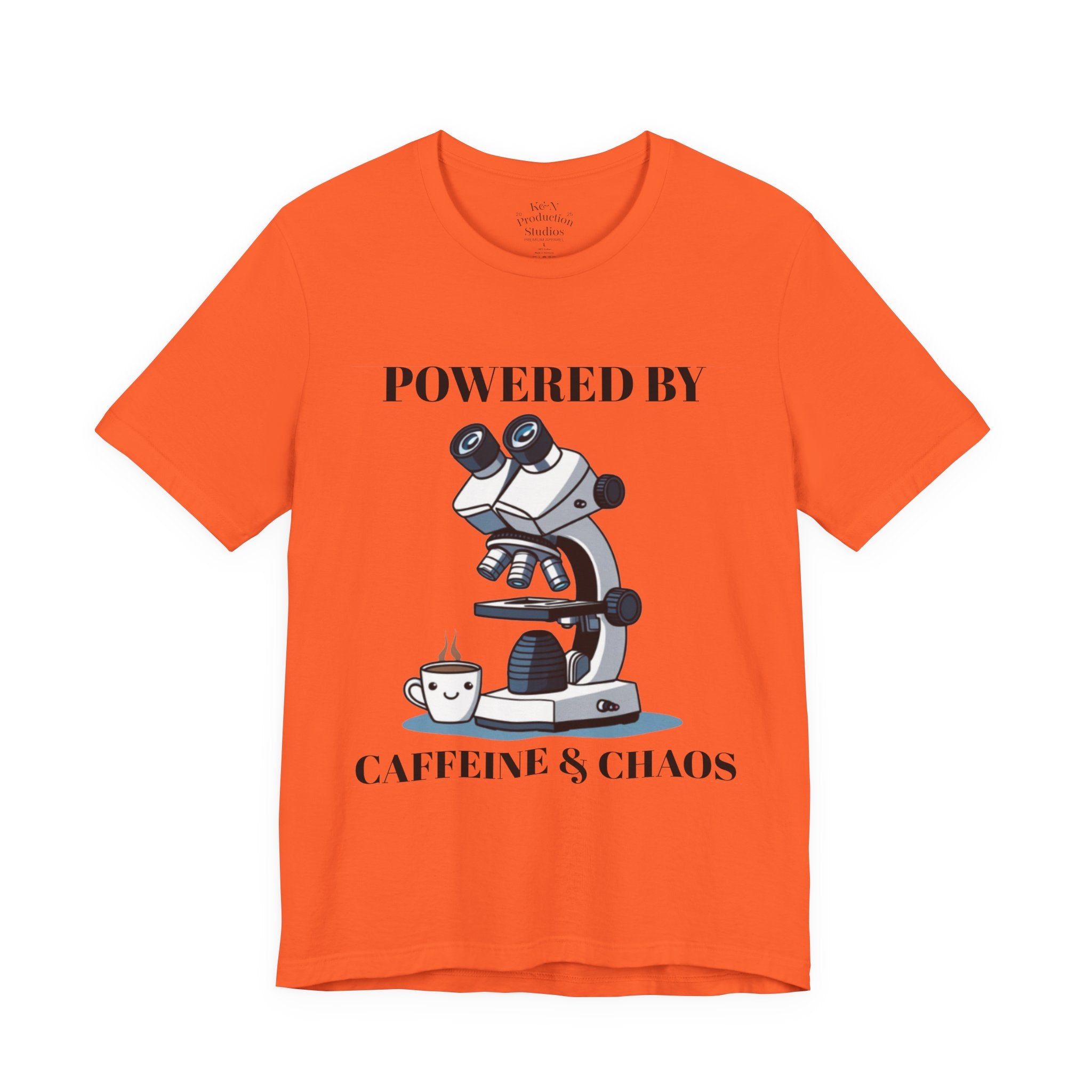 “Powered by Caffeine & Chaos” Funny Lab Tech T-Shirt – Cartoon Microscope & Coffee Cup