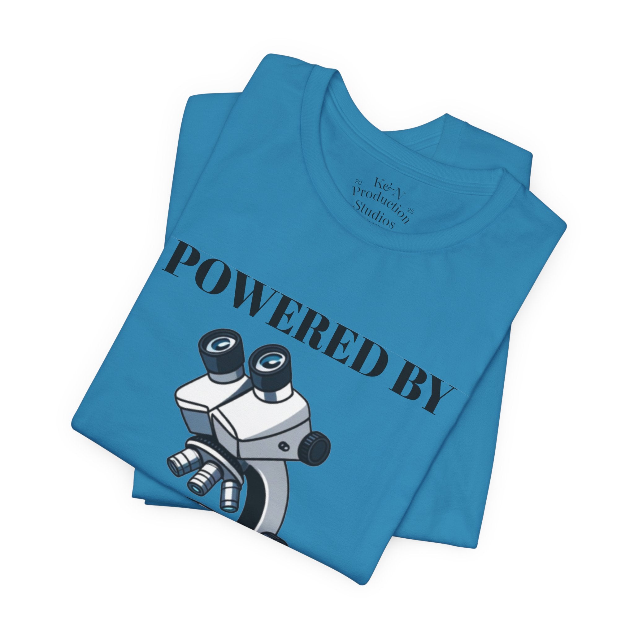 “Powered by Caffeine & Chaos” Funny Lab Tech T-Shirt – Cartoon Microscope & Coffee Cup