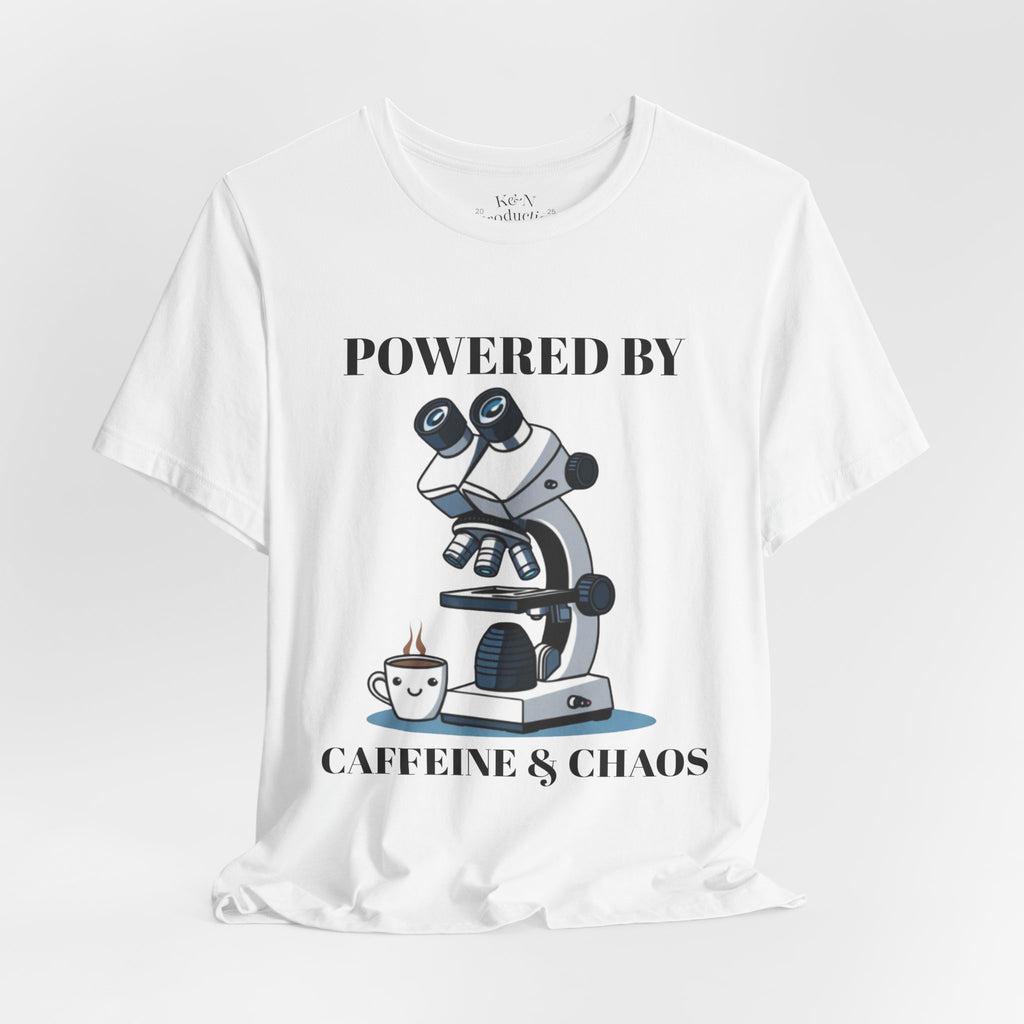 “Powered by Caffeine & Chaos” Funny Lab Tech T-Shirt – Cartoon Microscope & Coffee Cup