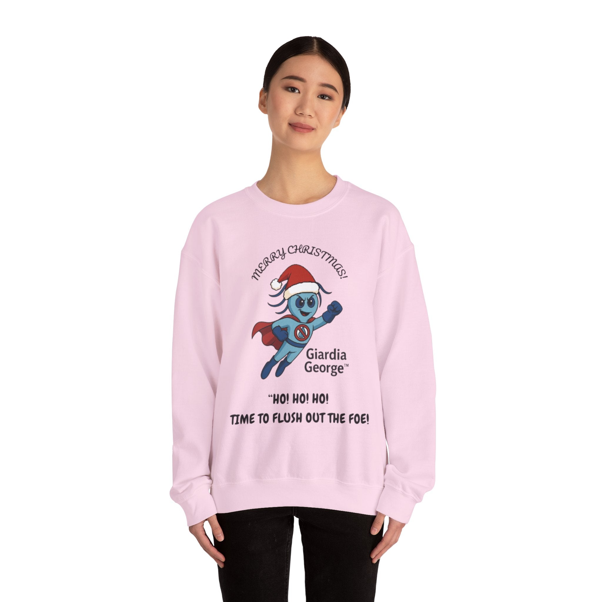 Giardia George Christmas Sweatshirt — ‘Ho! Ho! Ho! Time to Flush Out the Foe!’ Holiday Crewneck