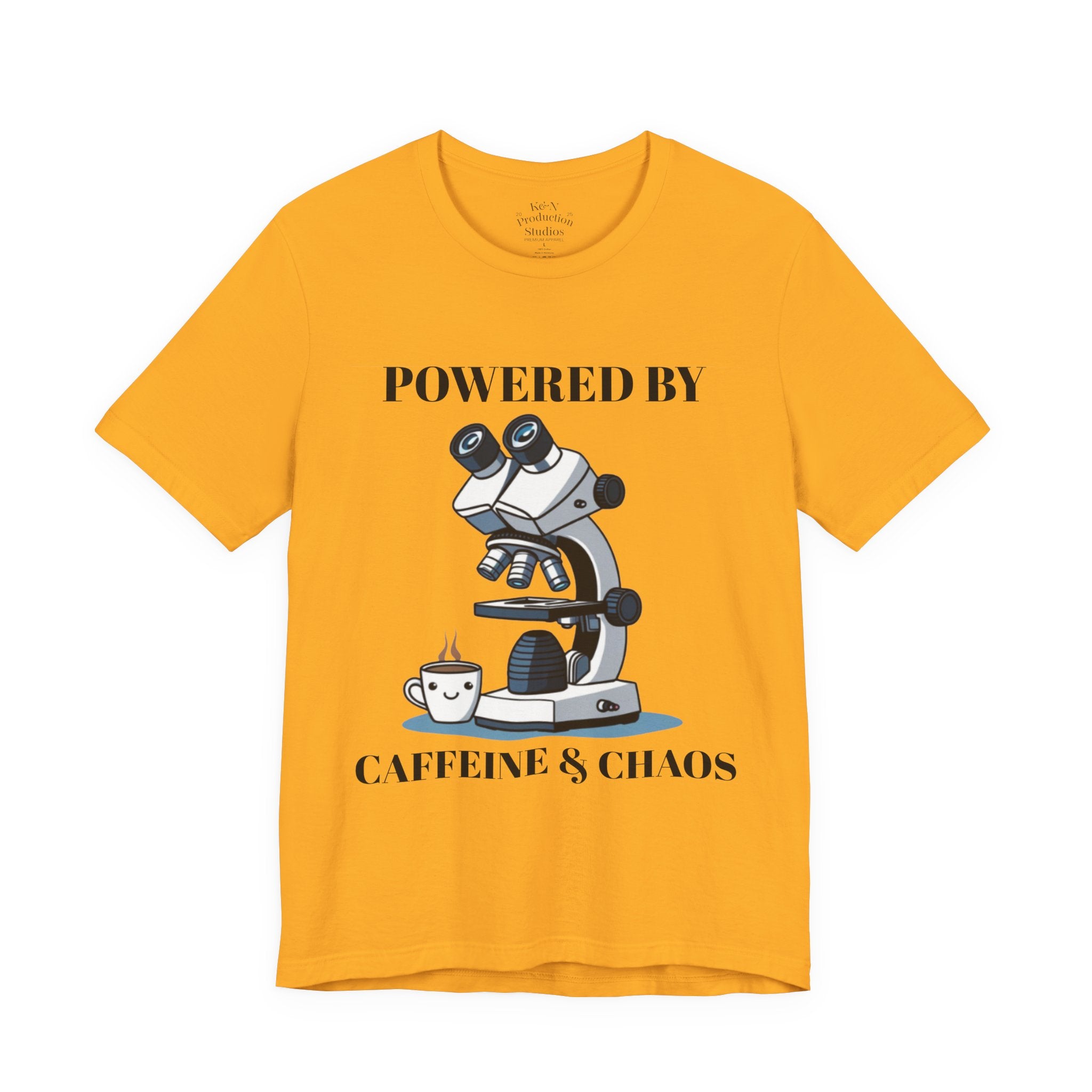 “Powered by Caffeine & Chaos” Funny Lab Tech T-Shirt – Cartoon Microscope & Coffee Cup
