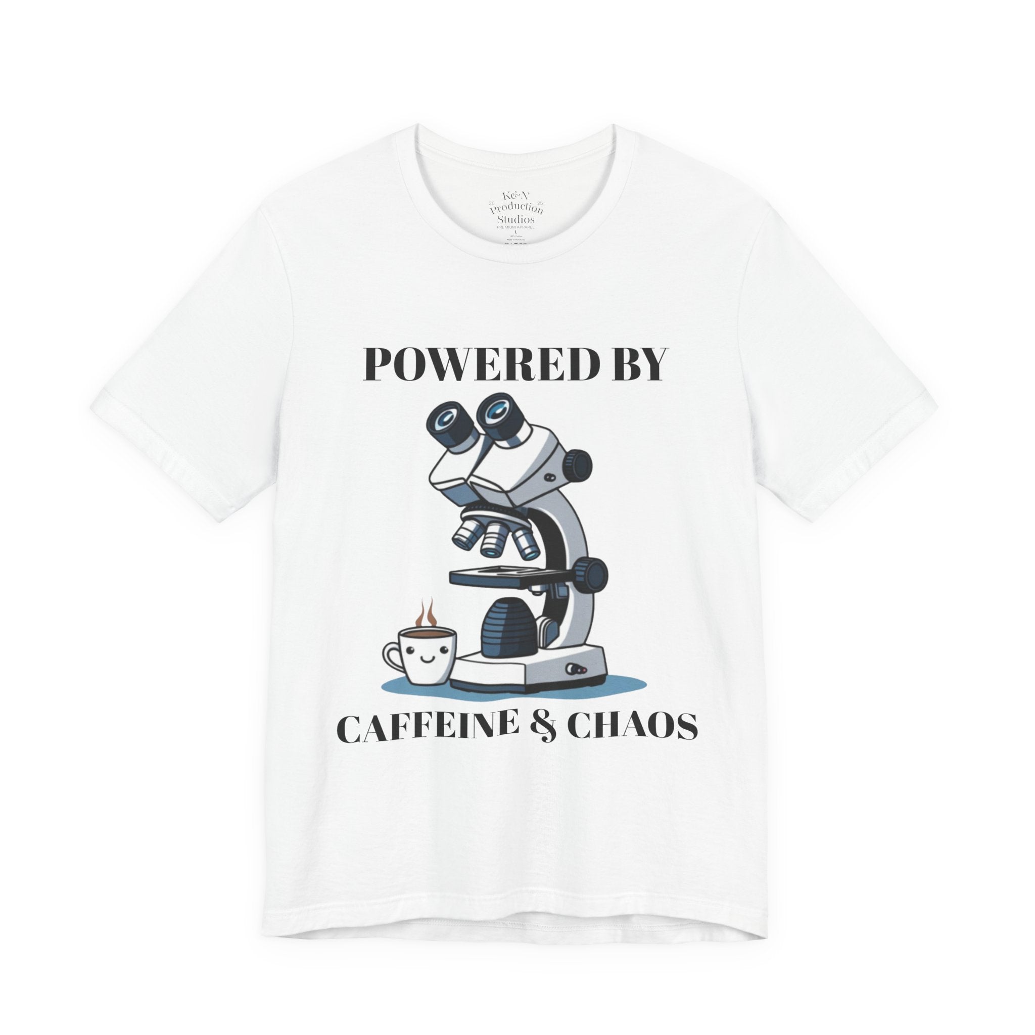 “Powered by Caffeine & Chaos” Funny Lab Tech T-Shirt – Cartoon Microscope & Coffee Cup