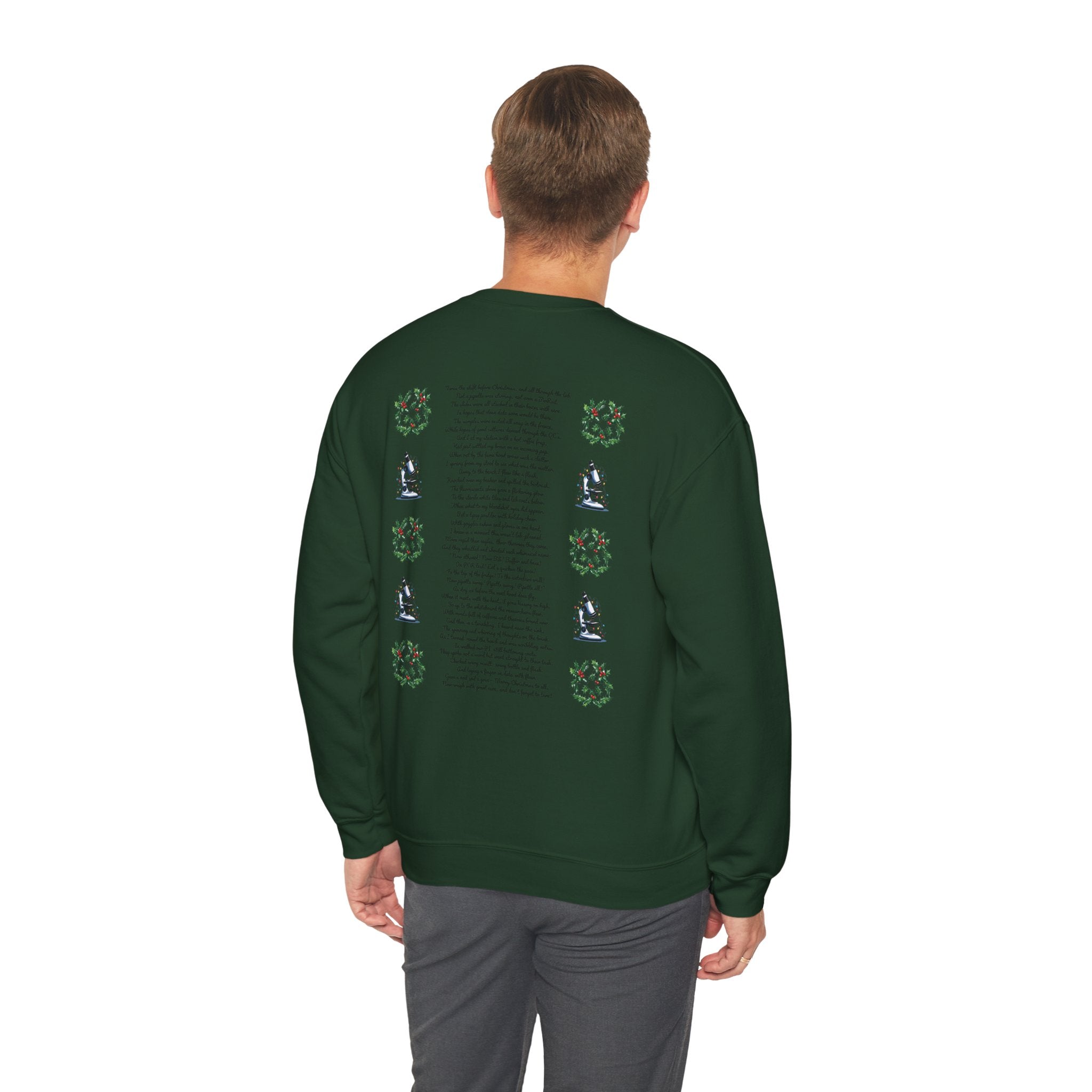Science Holiday Sweatshirt – Microscope with Lights & Lab Poem “’Twas the Shift Before Christmas”