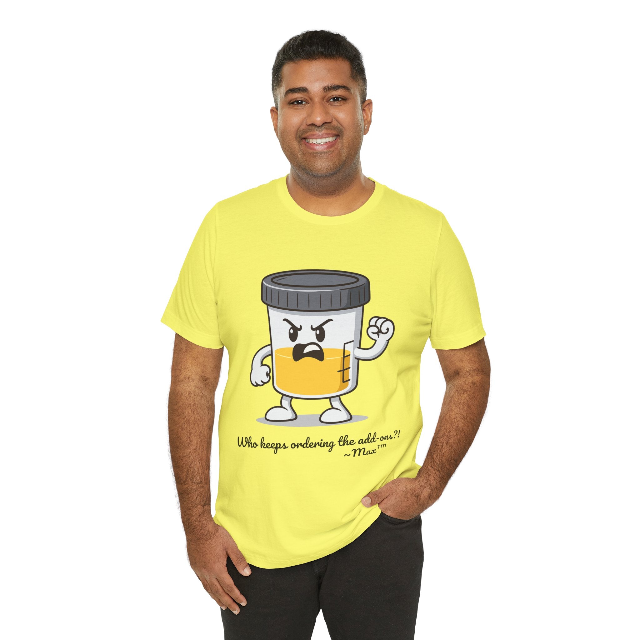 Max™ “Who Keeps Ordering the Add-ons?!” T-Shirt – Customizable Lab Legends™ Character Tee by K&N Production Studios
