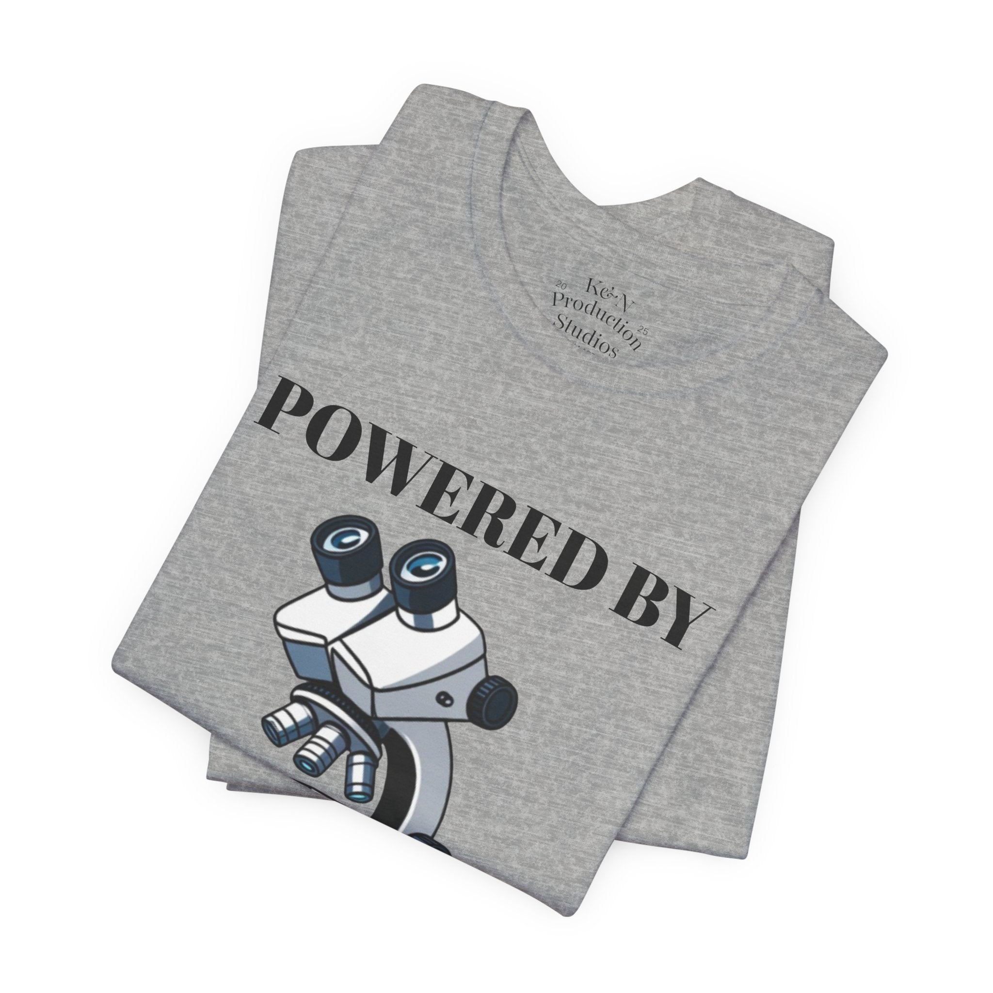 “Powered by Caffeine & Chaos” Funny Lab Tech T-Shirt – Cartoon Microscope & Coffee Cup