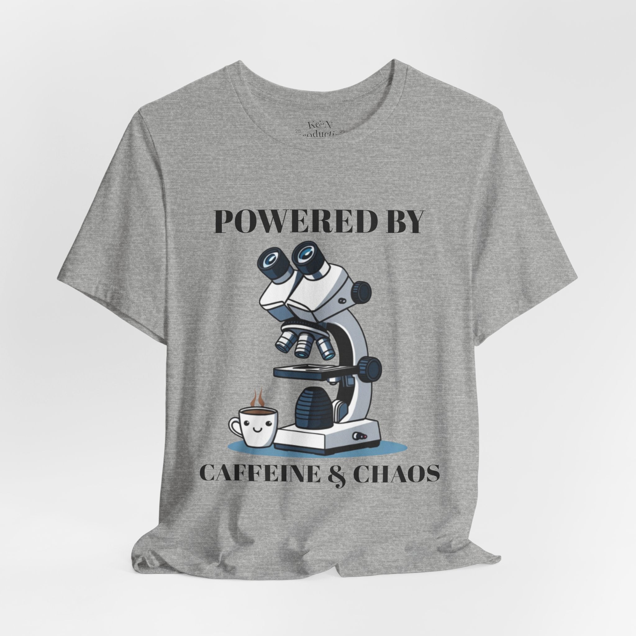 “Powered by Caffeine & Chaos” Funny Lab Tech T-Shirt – Cartoon Microscope & Coffee Cup