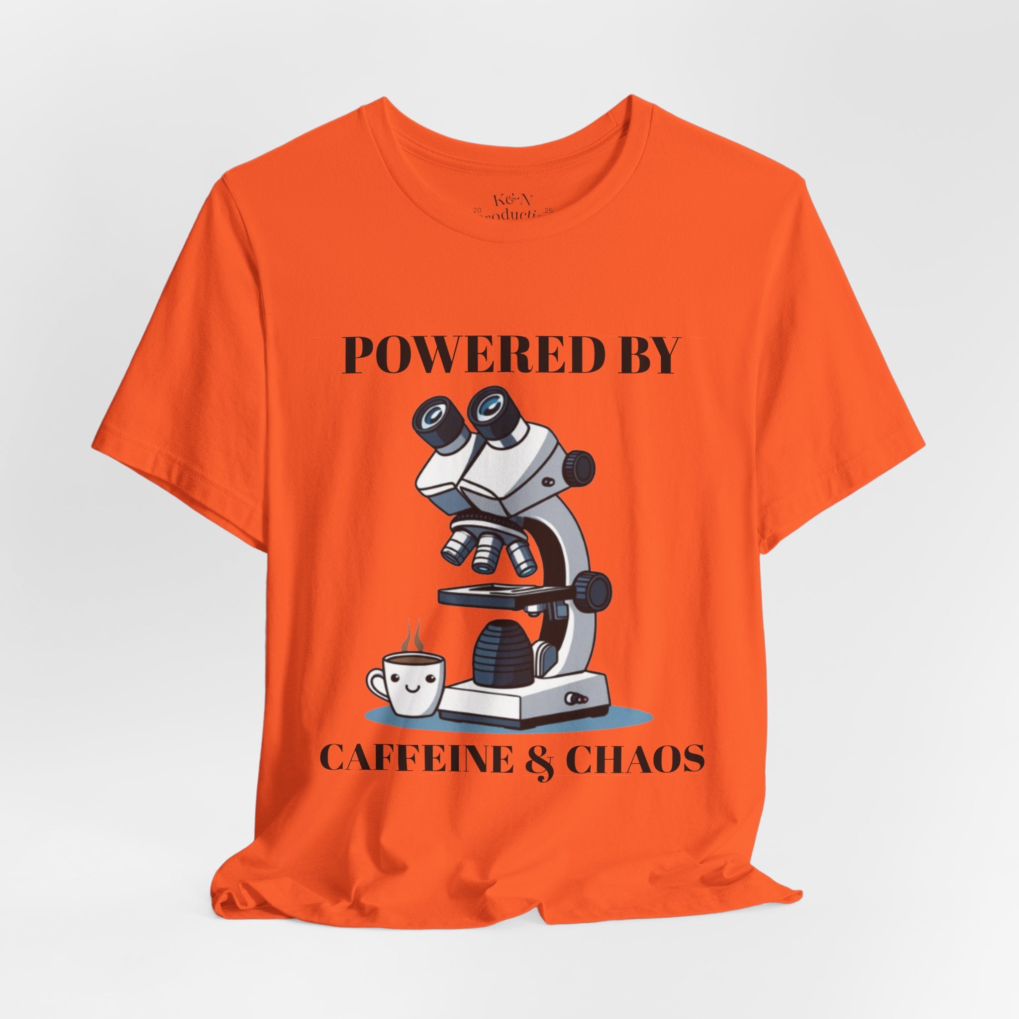 “Powered by Caffeine & Chaos” Funny Lab Tech T-Shirt – Cartoon Microscope & Coffee Cup